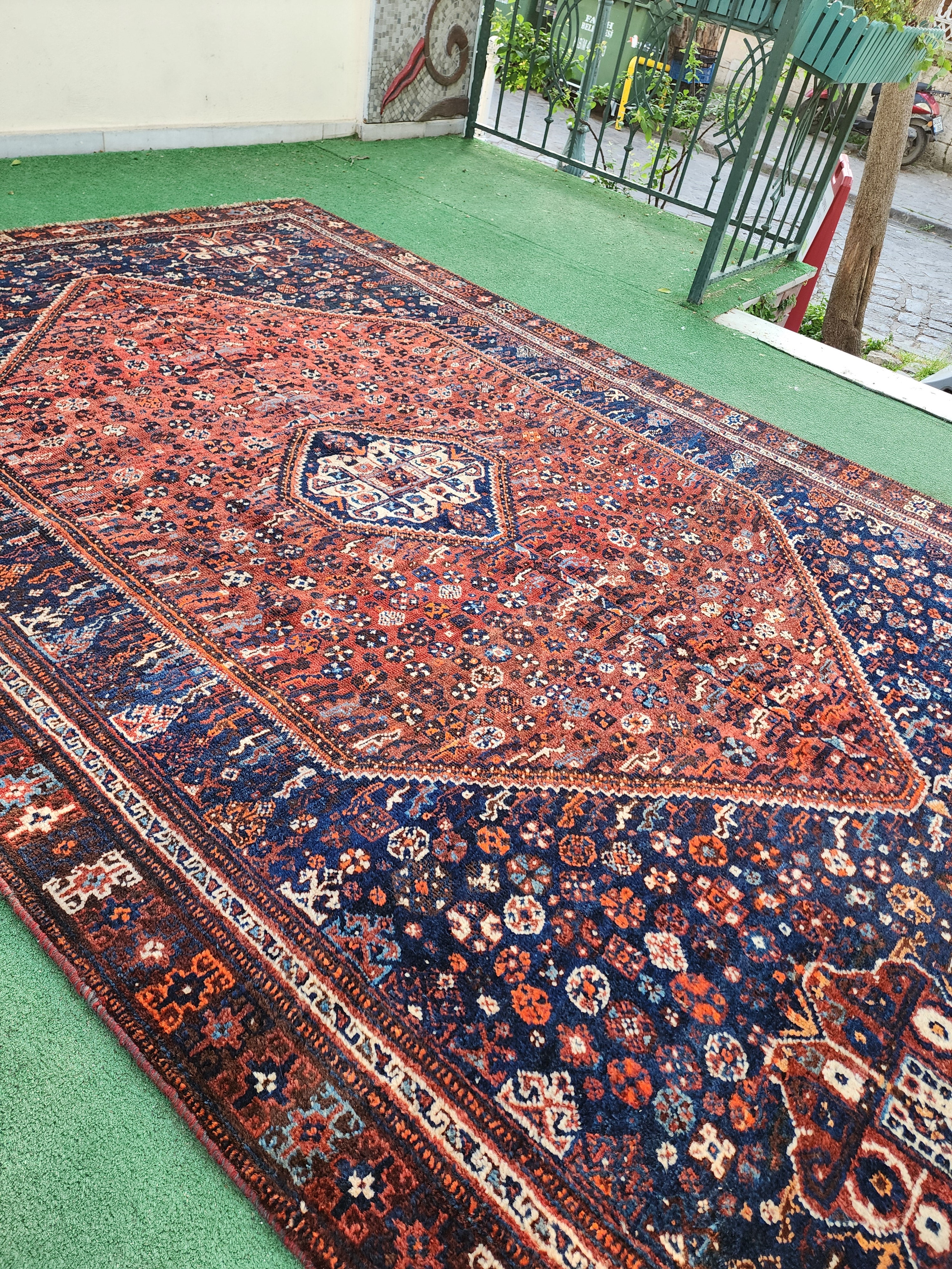 Red and Blue Antique Persian Shiraz Rug 9'10''x6'6''