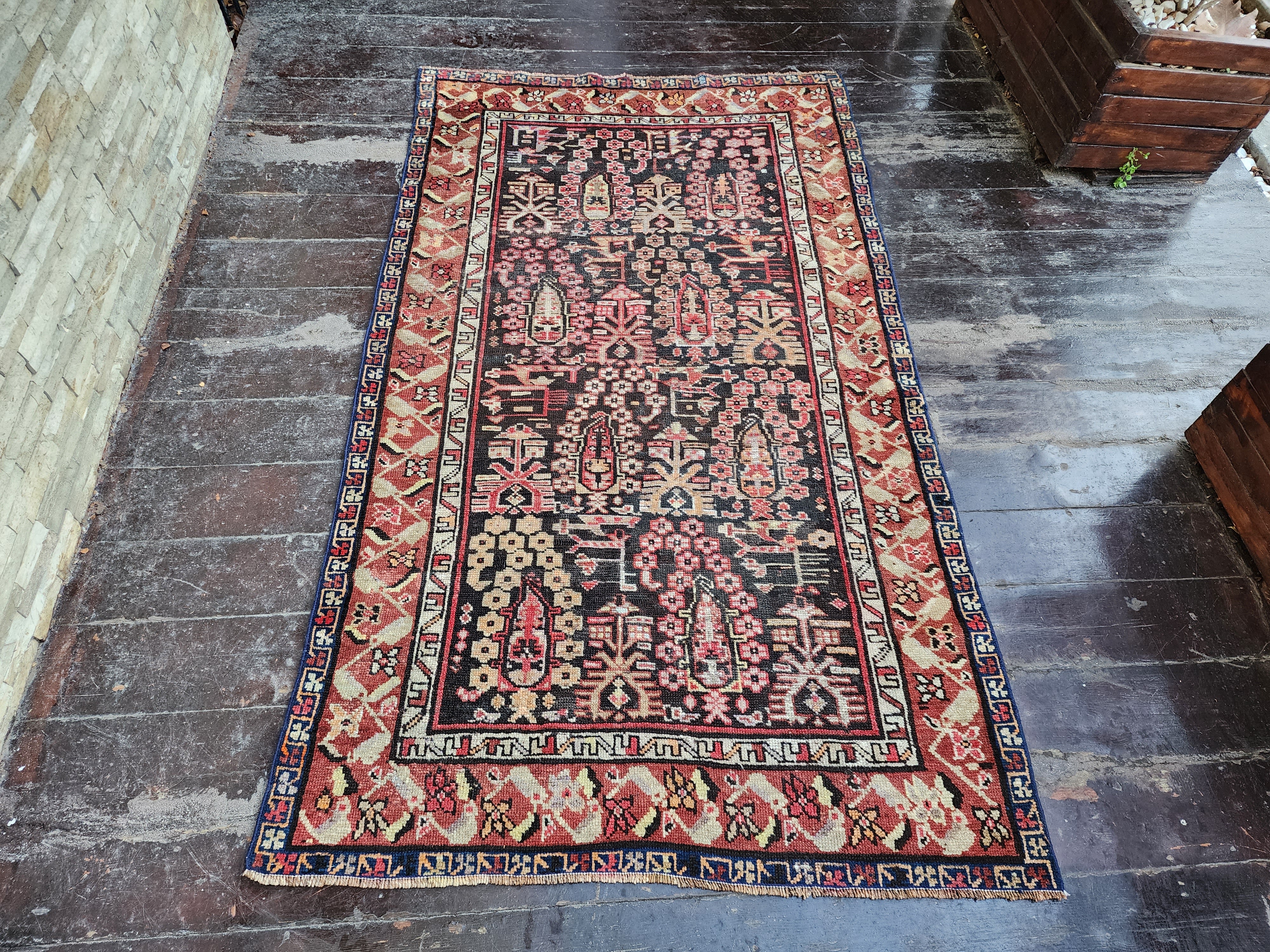 Antique Cacuasion Rug 6 ft 1 in x 3 ft 5 in, Red, Blue and White Floral Design Turkish Small Runner Rug Handmade fron Natural Wool
