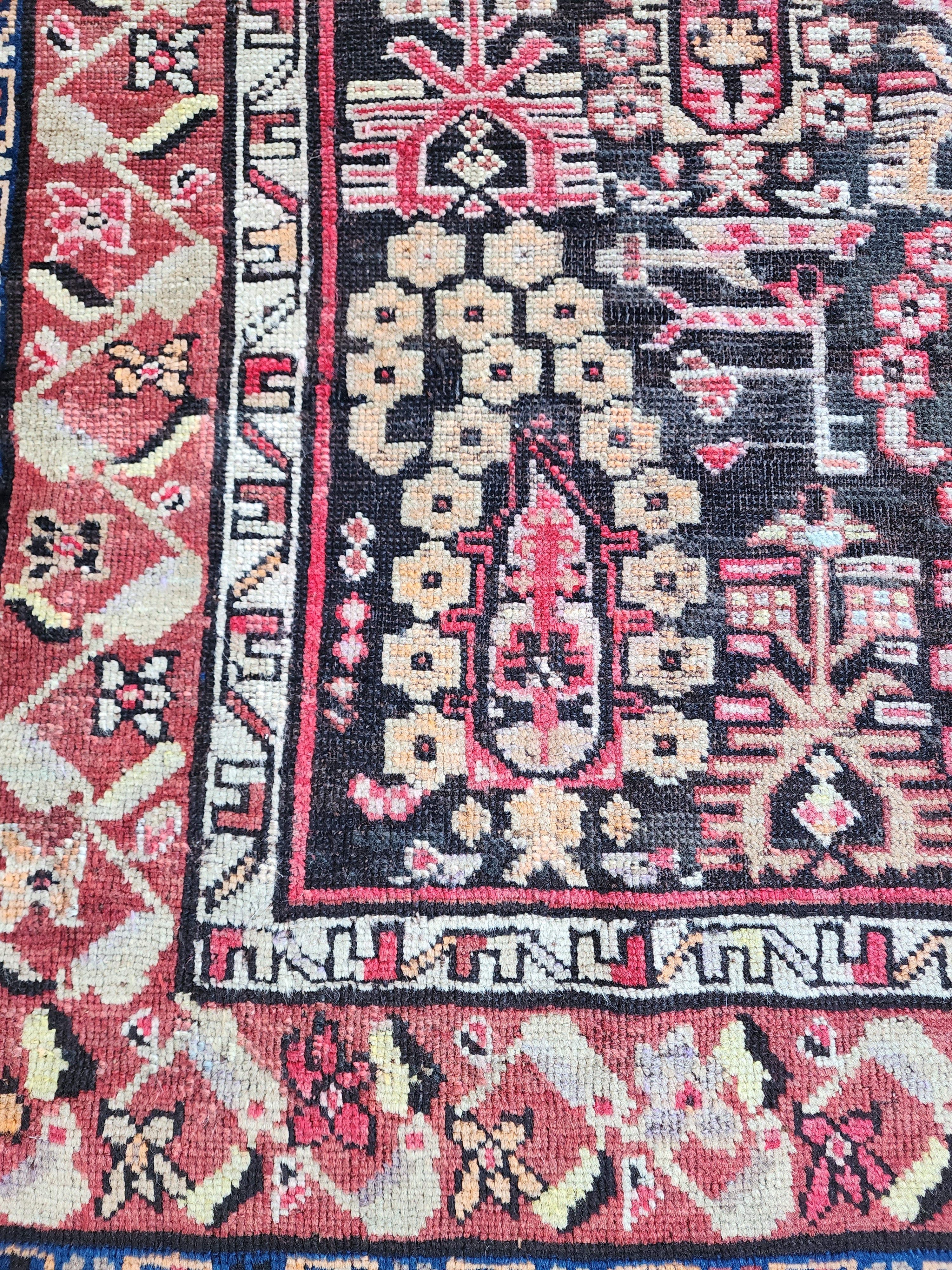 Antique Cacuasion Rug 6 ft 1 in x 3 ft 5 in, Red, Blue and White Floral Design Turkish Small Runner Rug Handmade fron Natural Wool