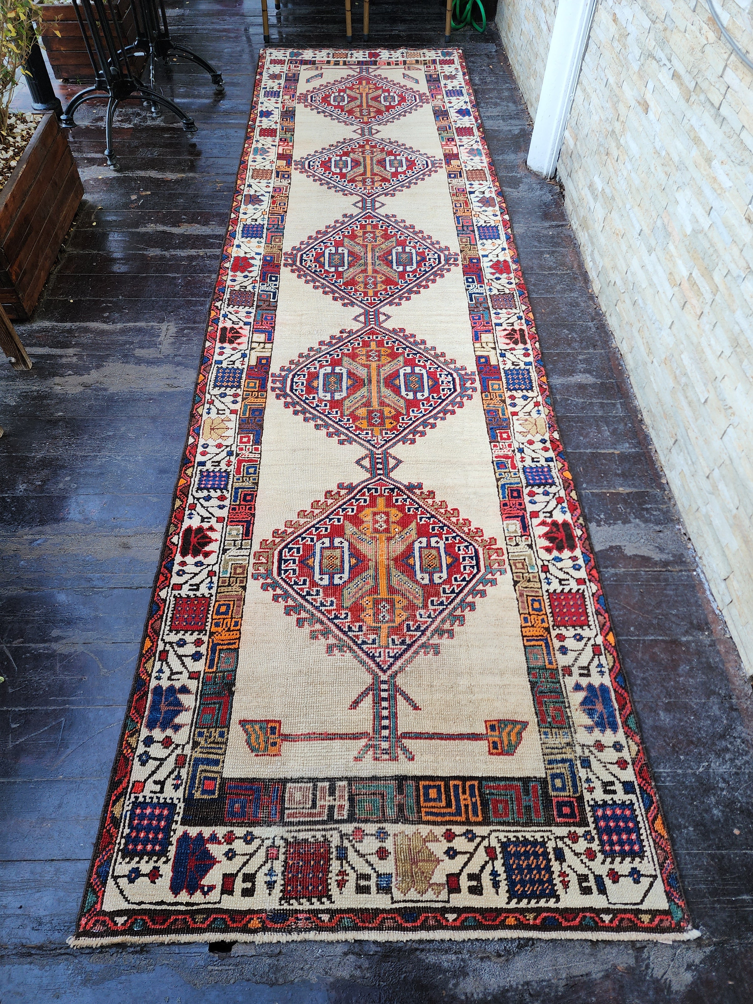 Antique Persian Sarap Camel Hair Runner Rug, 13 ft 2 in x 3 ft 6 in Beige, Brown, Blue and Orange Hallway Runner
