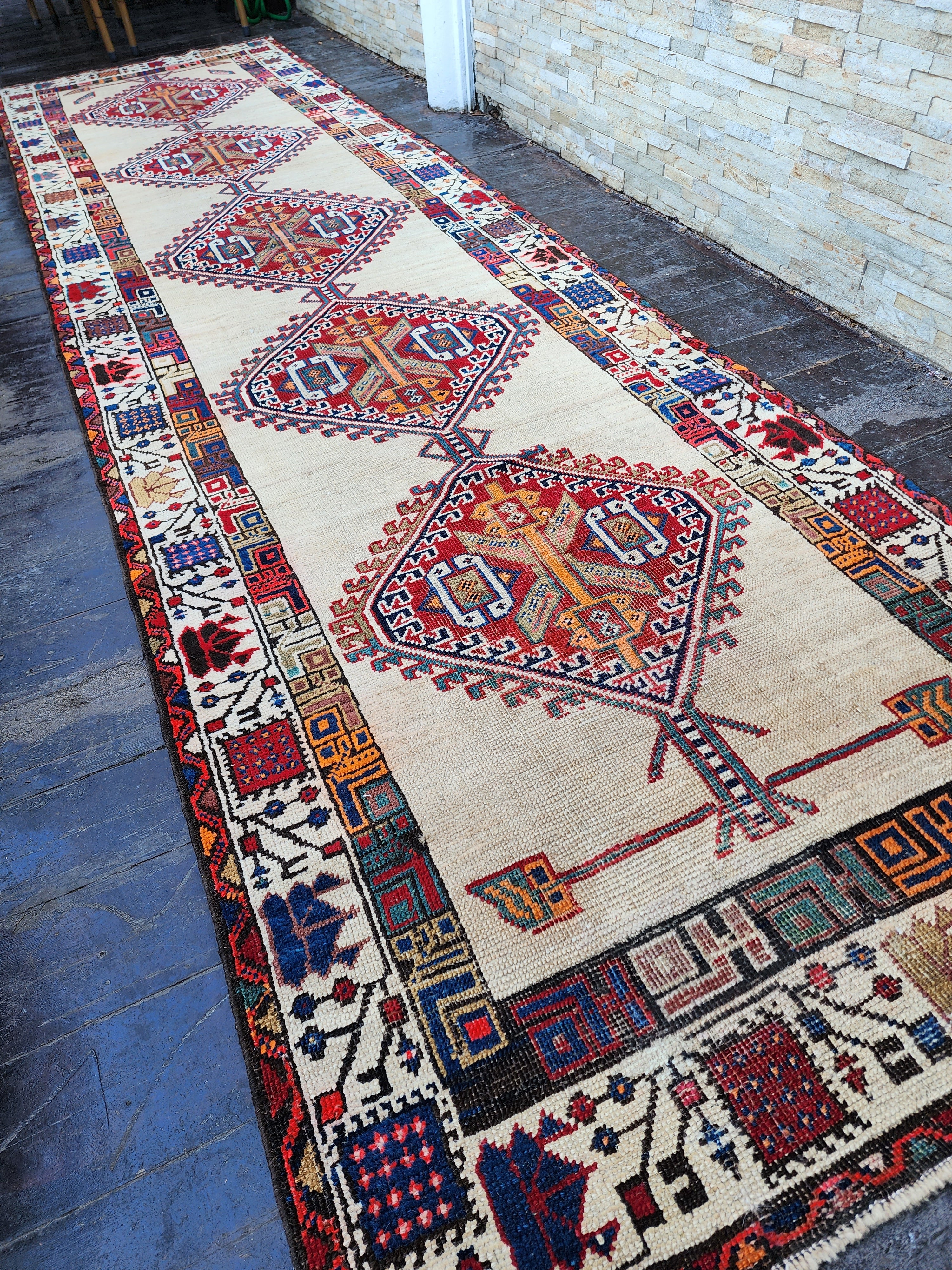 Antique Persian Sarap Camel Hair Runner Rug, 13 ft 2 in x 3 ft 6 in Beige, Brown, Blue and Orange Hallway Runner
