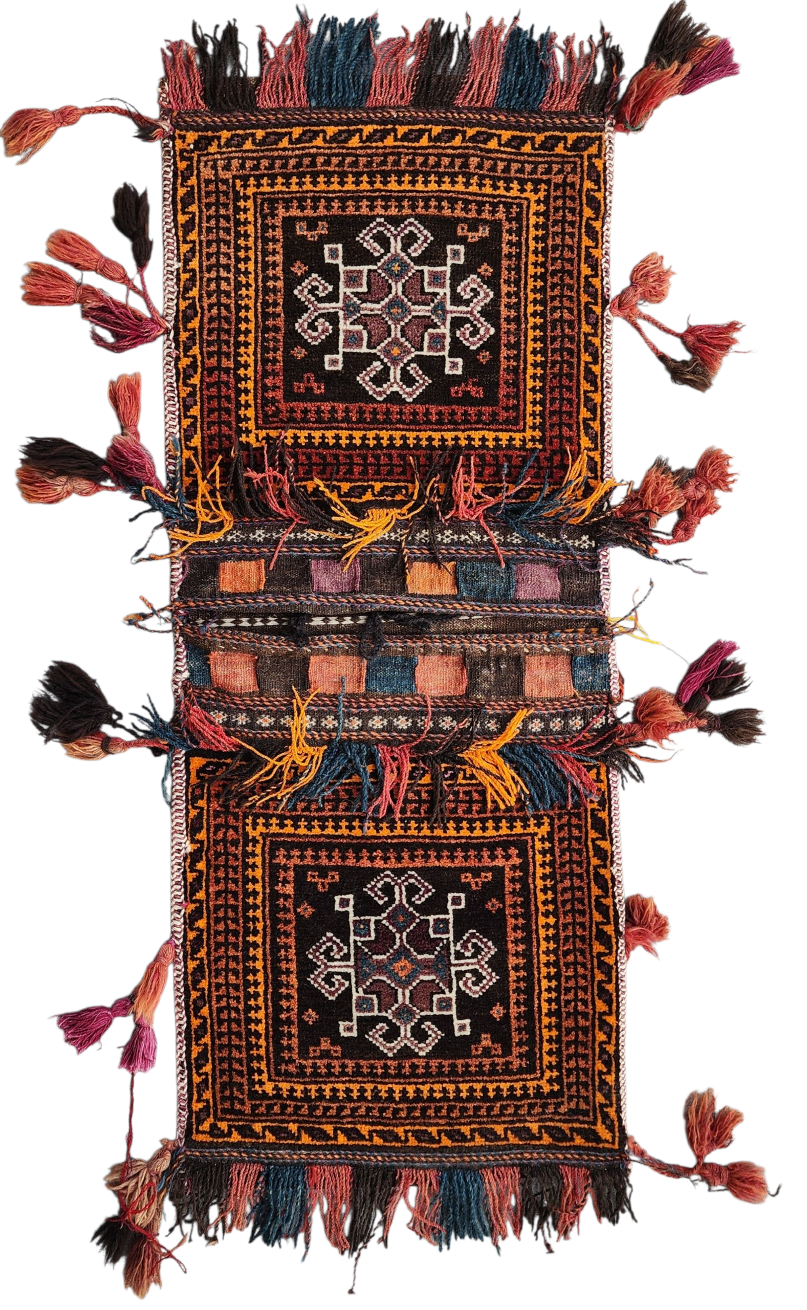 Vintage Turkish Carpet Saddlebags: 3 ft 6 in x 1 ft 8 in Red and Black Wool Entryway Rug