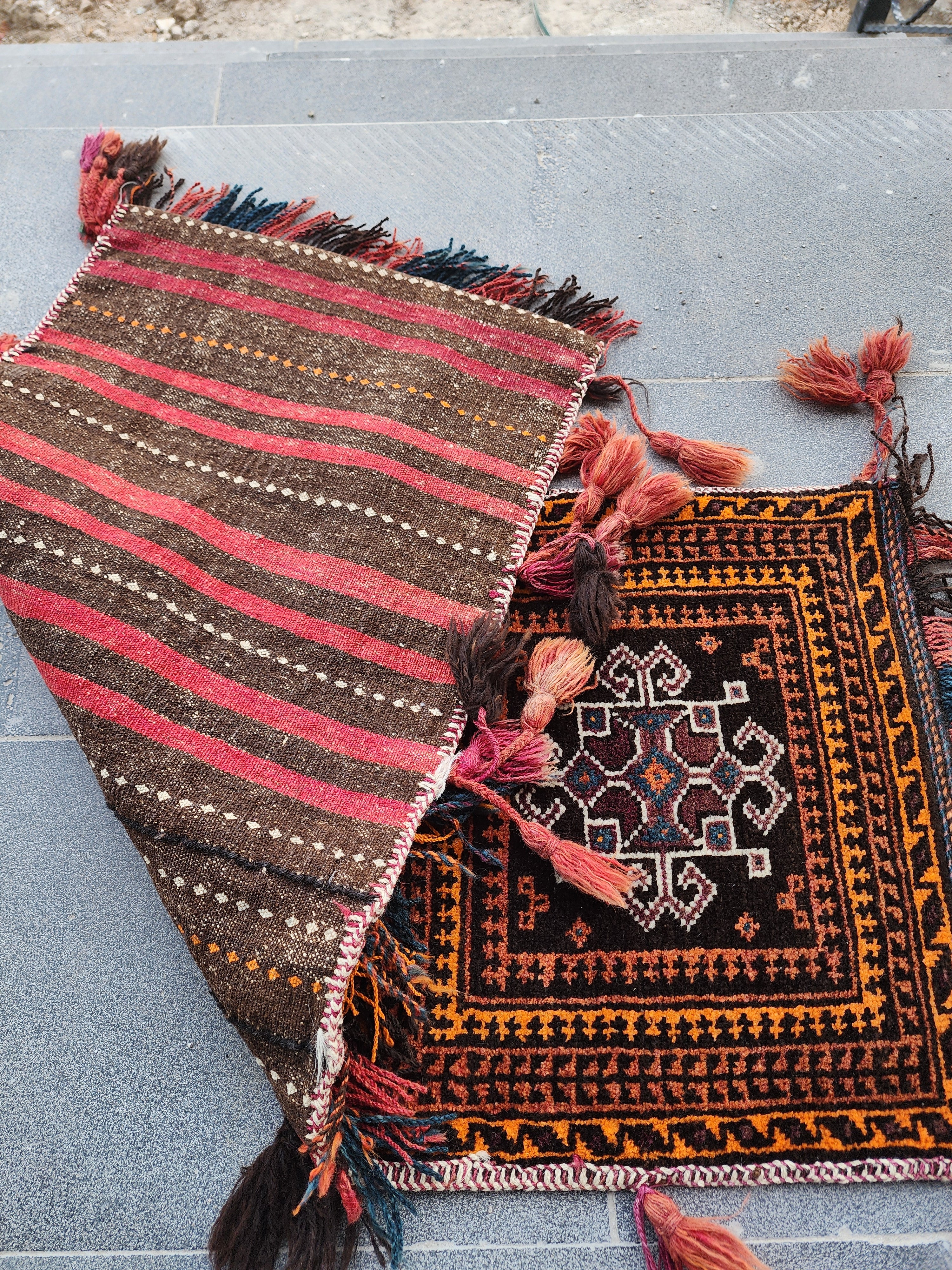 Vintage Turkish Carpet Saddlebags: 3 ft 6 in x 1 ft 8 in Red and Black Wool Entryway Rug