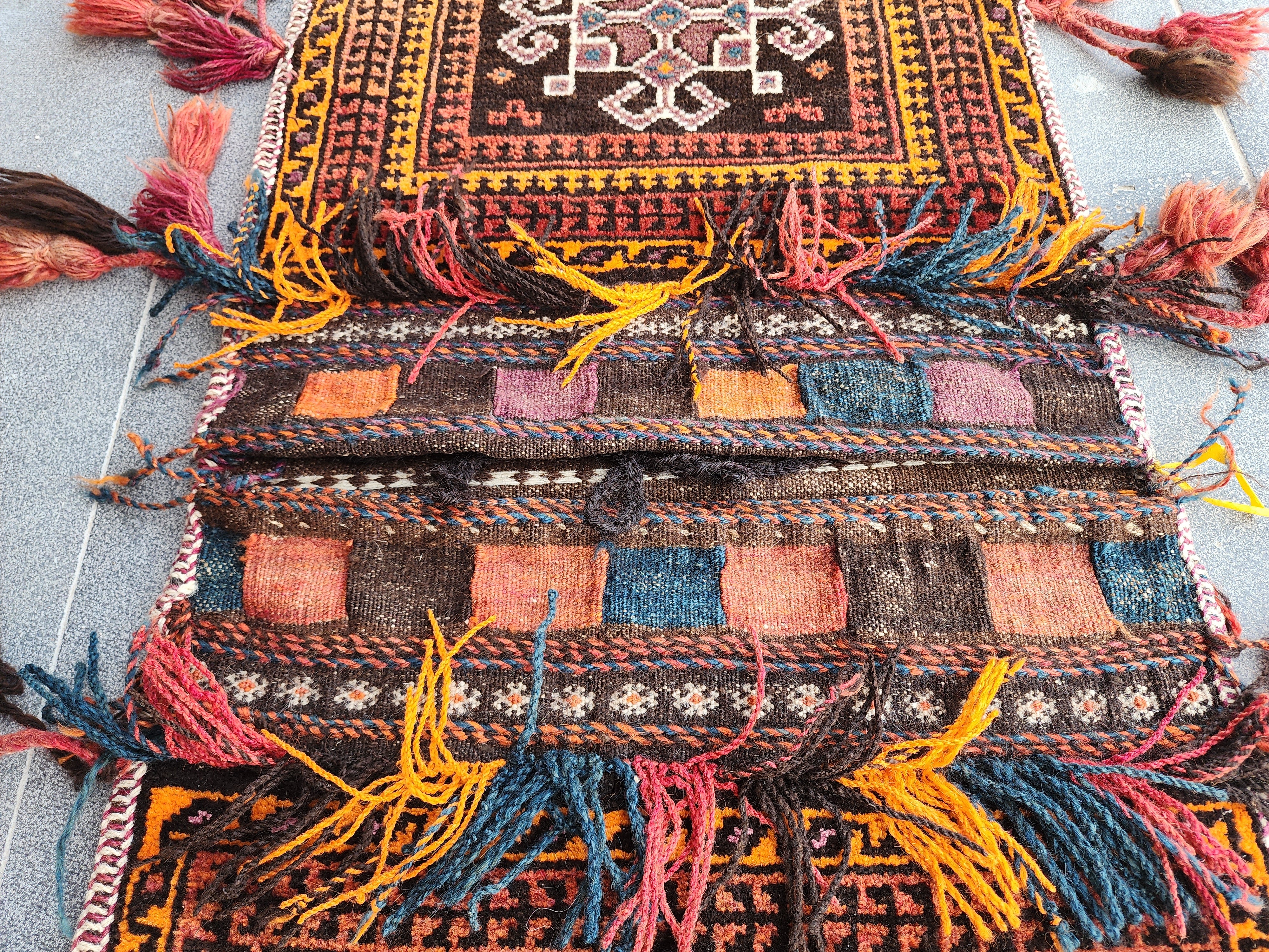 Vintage Turkish Carpet Saddlebags: 3 ft 6 in x 1 ft 8 in Red and Black Wool Entryway Rug