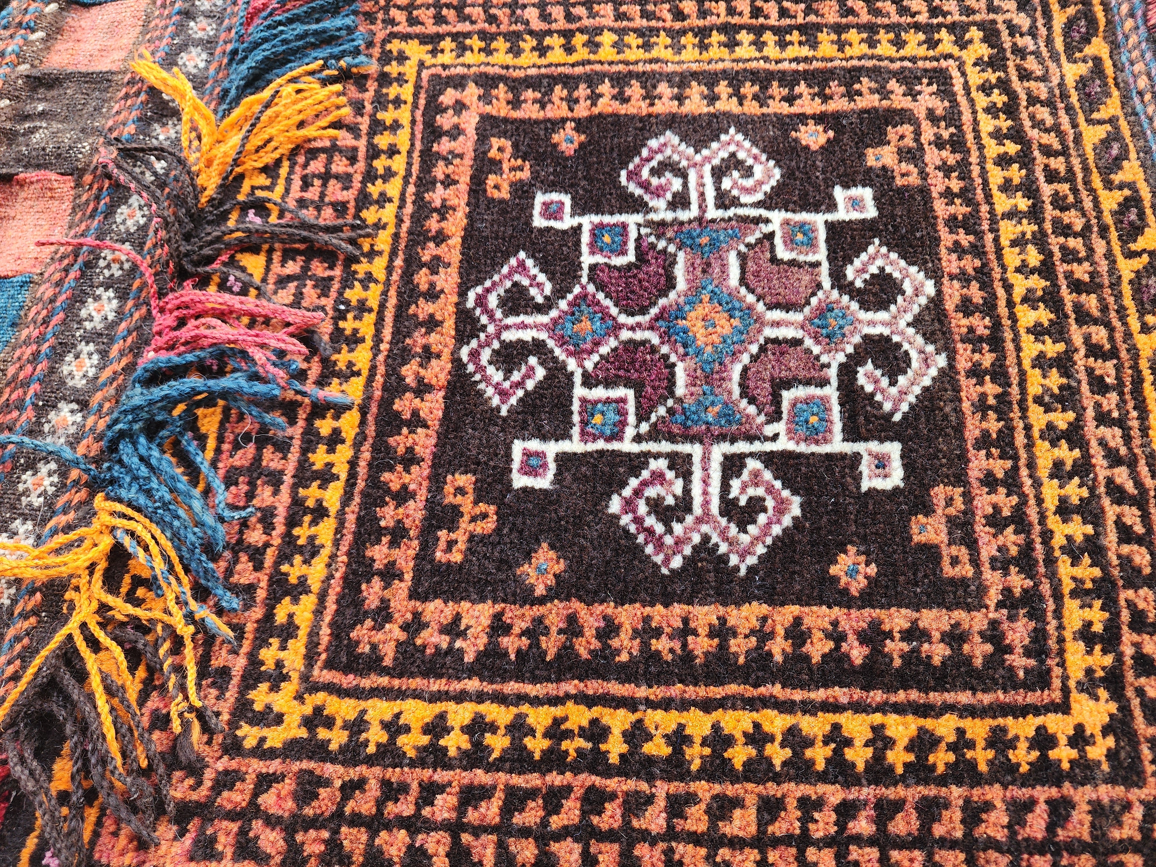 Vintage Turkish Carpet Saddlebags: 3 ft 6 in x 1 ft 8 in Red and Black Wool Entryway Rug