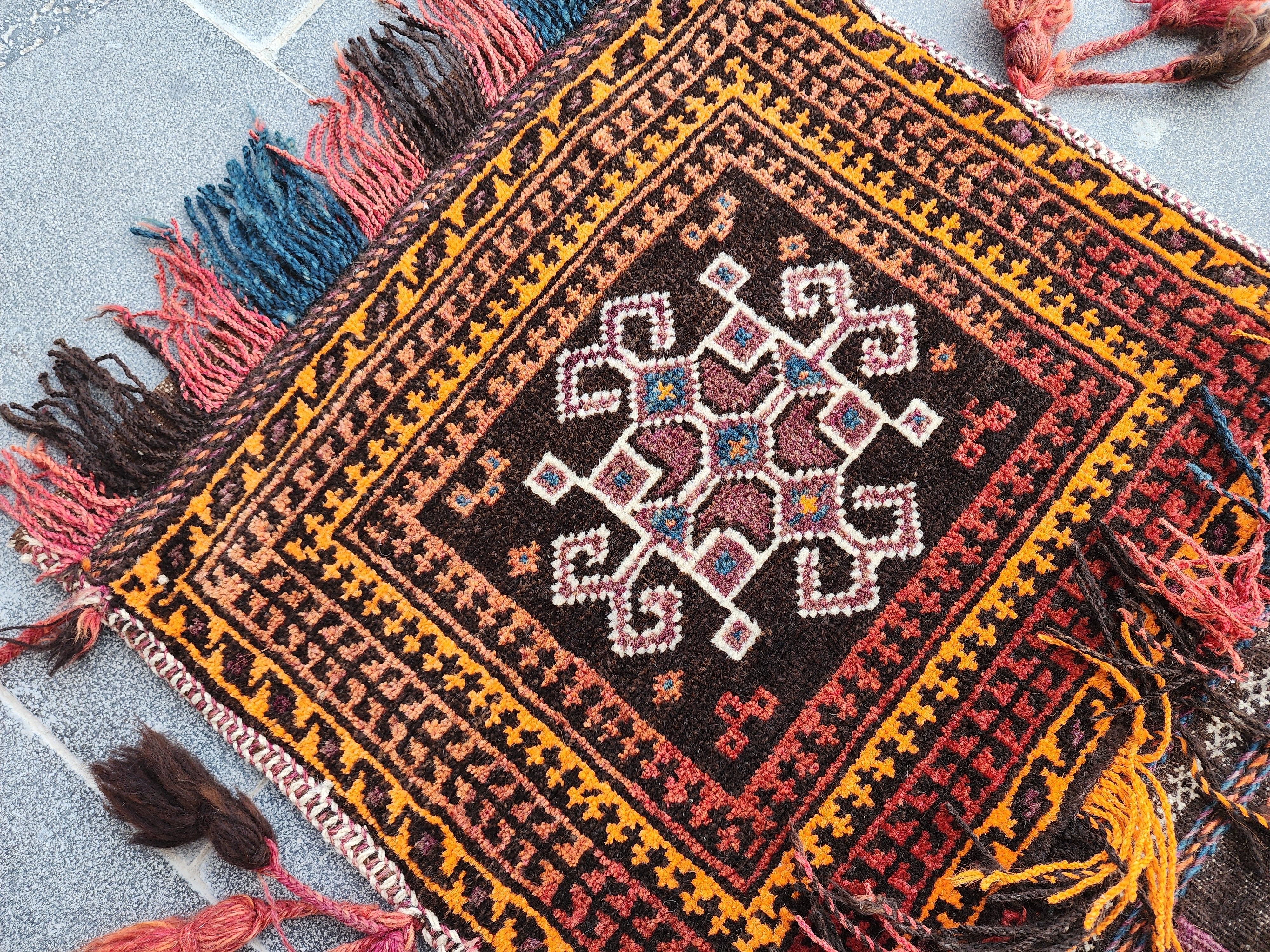 Vintage Turkish Carpet Saddlebags: 3 ft 6 in x 1 ft 8 in Red and Black Wool Entryway Rug