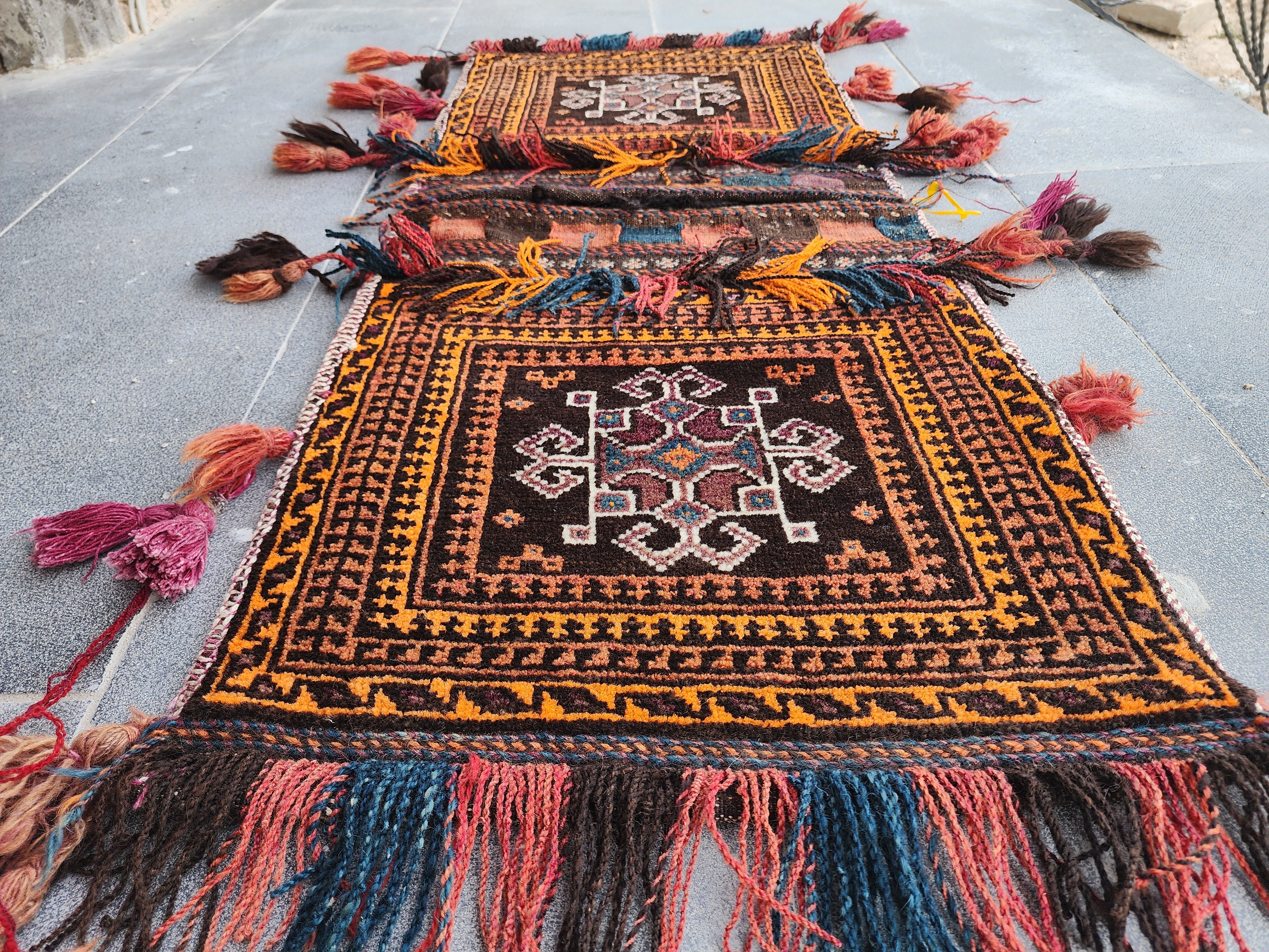 Vintage Turkish Carpet Saddlebags: 3 ft 6 in x 1 ft 8 in Red and Black Wool Entryway Rug