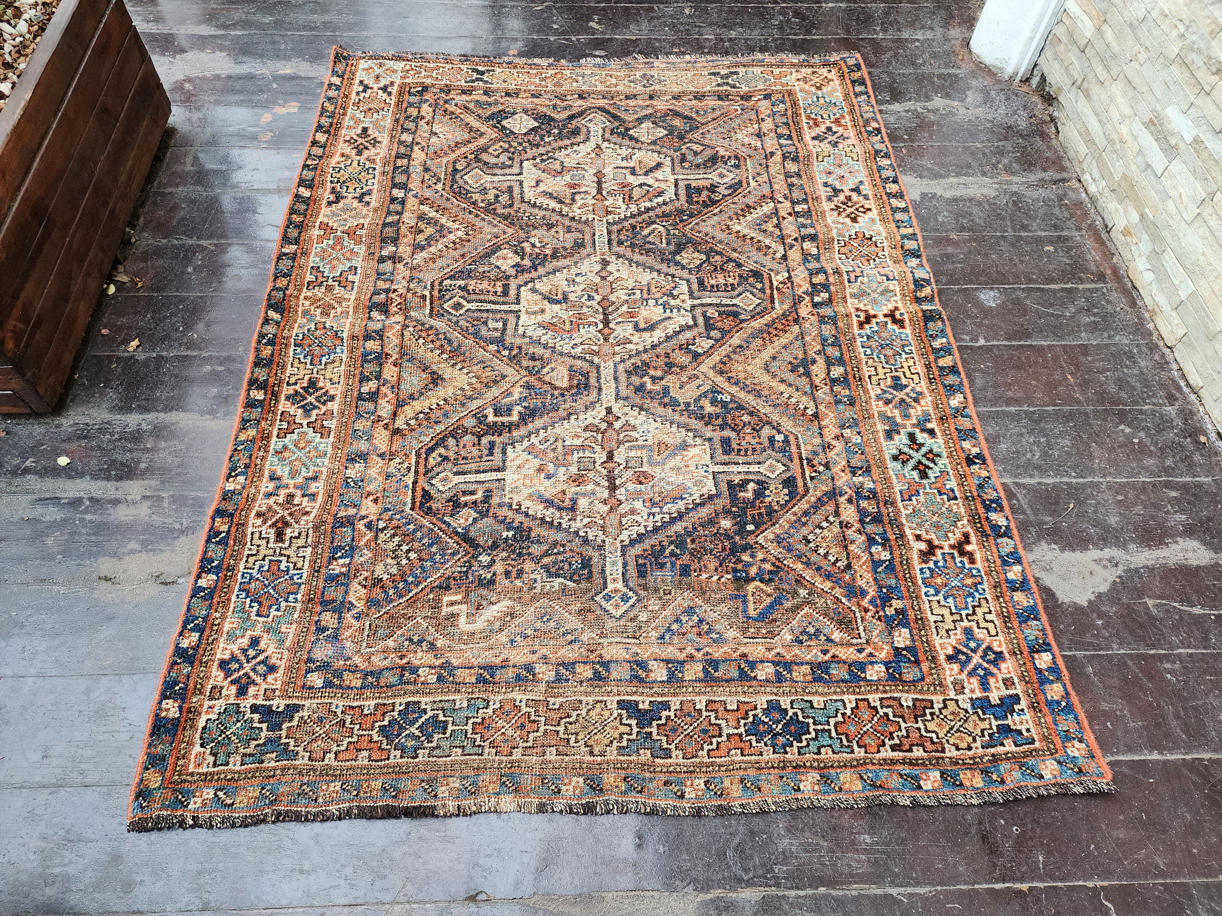 Blue and Brown Antique Persian Area Rug 5 x 4 ft Vintage Turkish Tribal Natural Wool Rug, Recycled Oriental Design Rustic Bohemian Floor Rug
