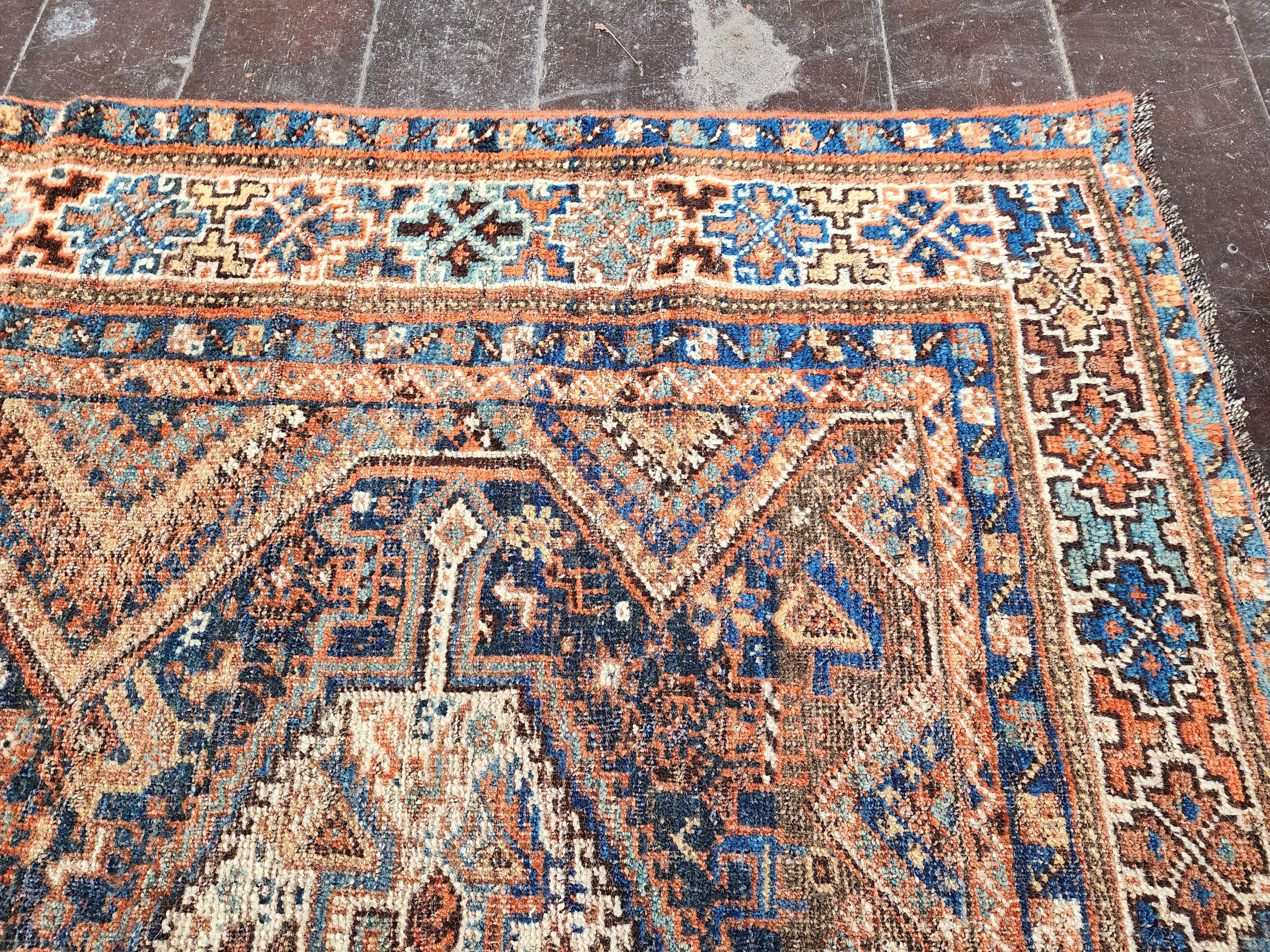 Blue and Brown Antique Persian Area Rug 5 x 4 ft Vintage Turkish Tribal Natural Wool Rug, Recycled Oriental Design Rustic Bohemian Floor Rug