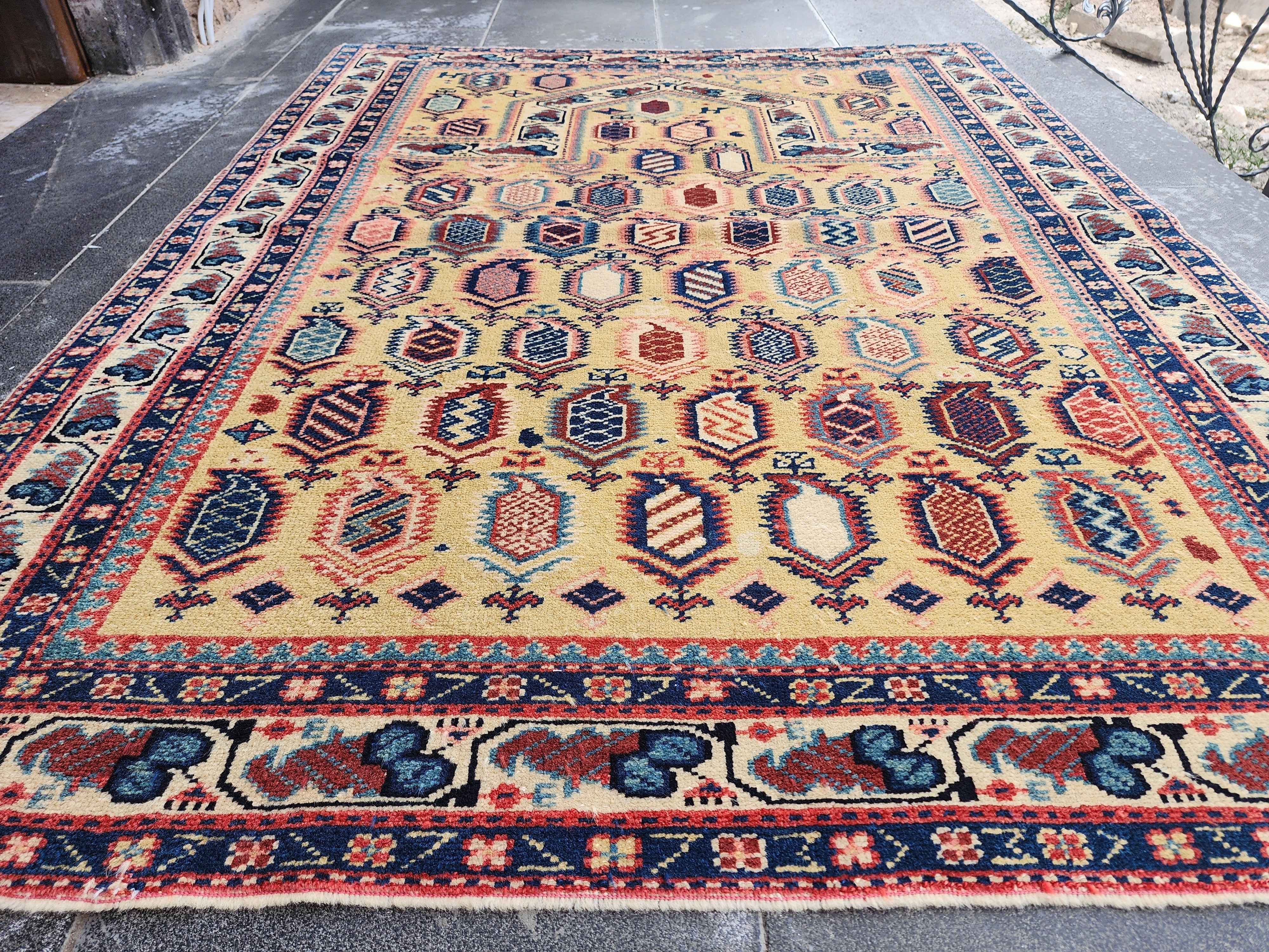 Antique Cacuasin Shirvan Rug 5 x 4 ft, Distressed Overdyed Boho Rustic Living Room Floor Rug, Natural Wool Pastel Persian Area Medallion Rug