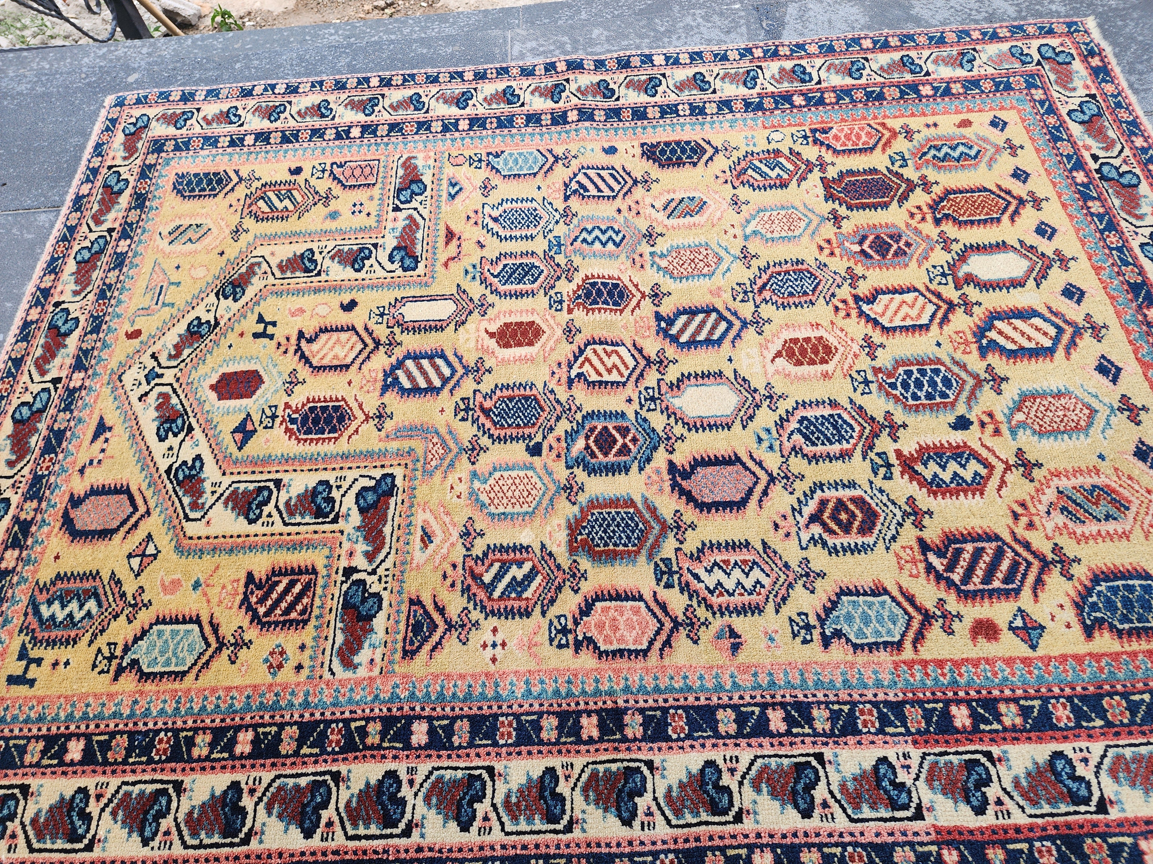 Antique Cacuasin Shirvan Rug 5 x 4 ft, Distressed Overdyed Boho Rustic Living Room Floor Rug, Natural Wool Pastel Persian Area Medallion Rug