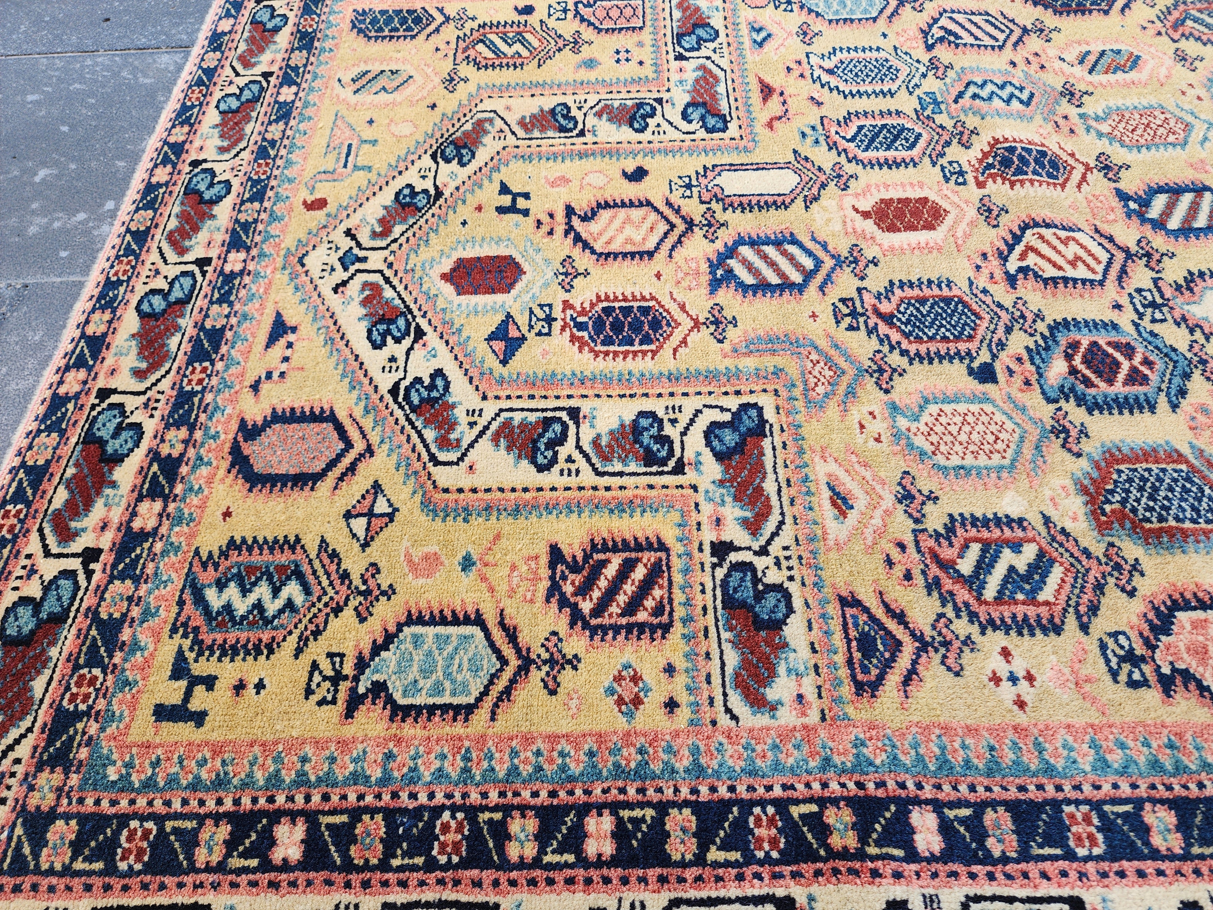 Antique Cacuasin Shirvan Rug 5 x 4 ft, Distressed Overdyed Boho Rustic Living Room Floor Rug, Natural Wool Pastel Persian Area Medallion Rug