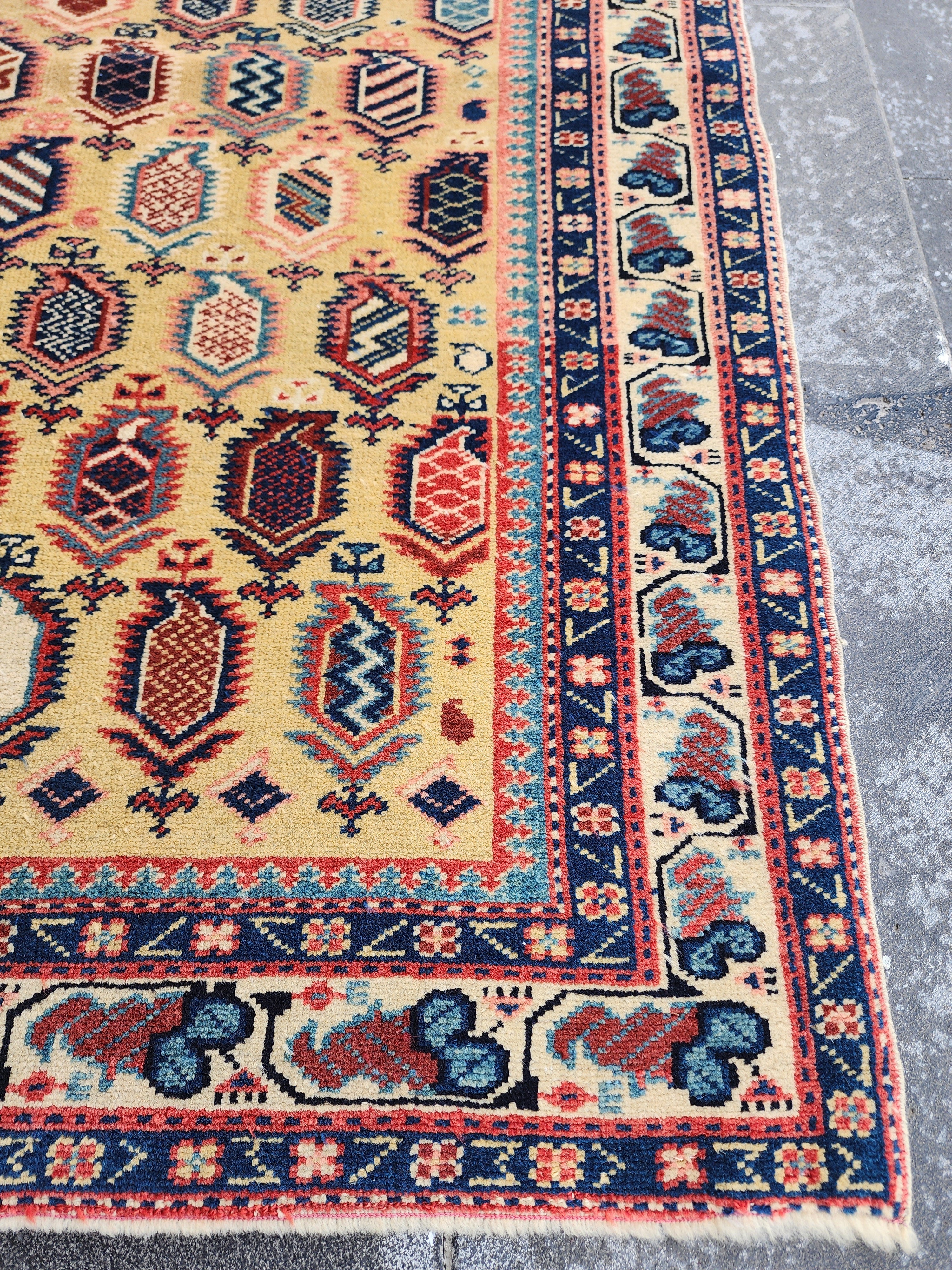 Antique Cacuasin Shirvan Rug 5 x 4 ft, Distressed Overdyed Boho Rustic Living Room Floor Rug, Natural Wool Pastel Persian Area Medallion Rug