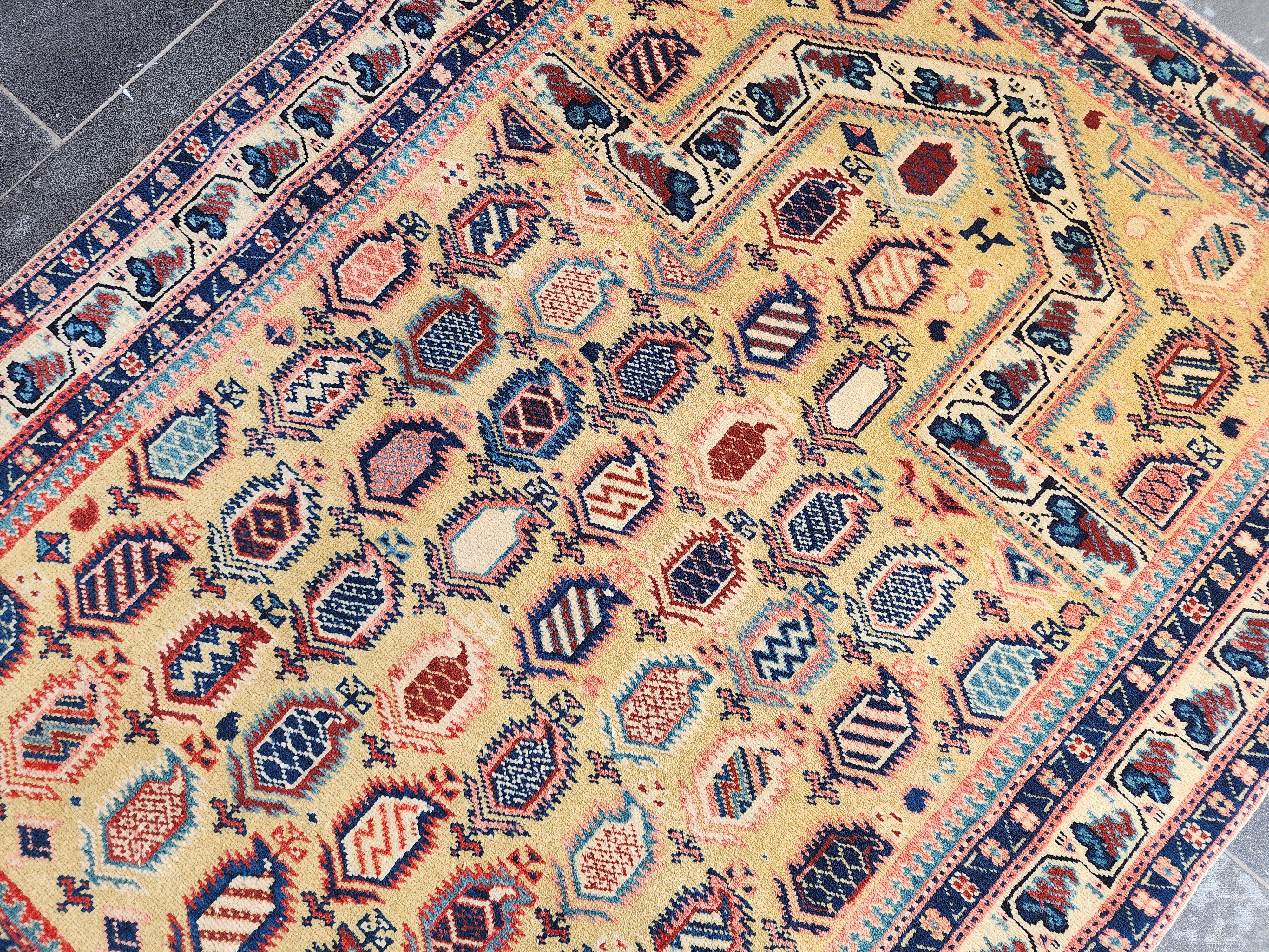 Antique Cacuasin Shirvan Rug 5 x 4 ft, Distressed Overdyed Boho Rustic Living Room Floor Rug, Natural Wool Pastel Persian Area Medallion Rug