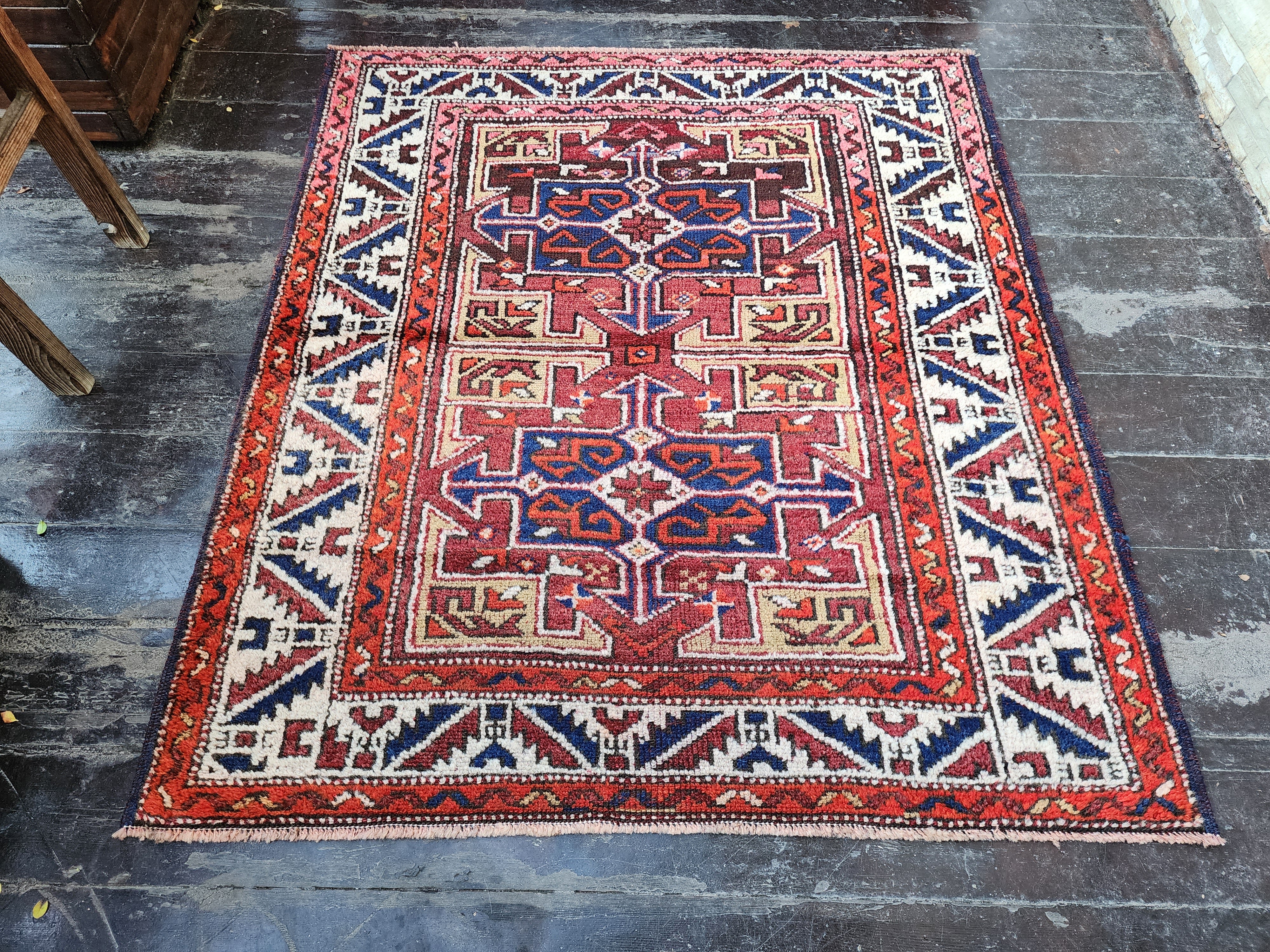 Antique Turkish Bergama Rug, Red, Blue and White Natural Rug