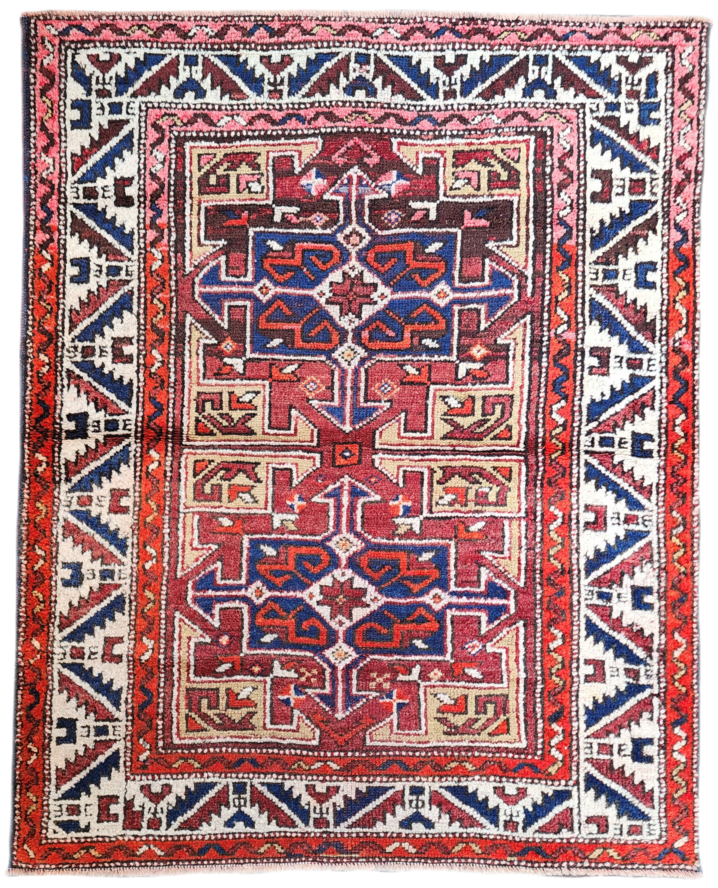 Antique Turkish Bergama Rug, Red, Blue and White Natural Rug