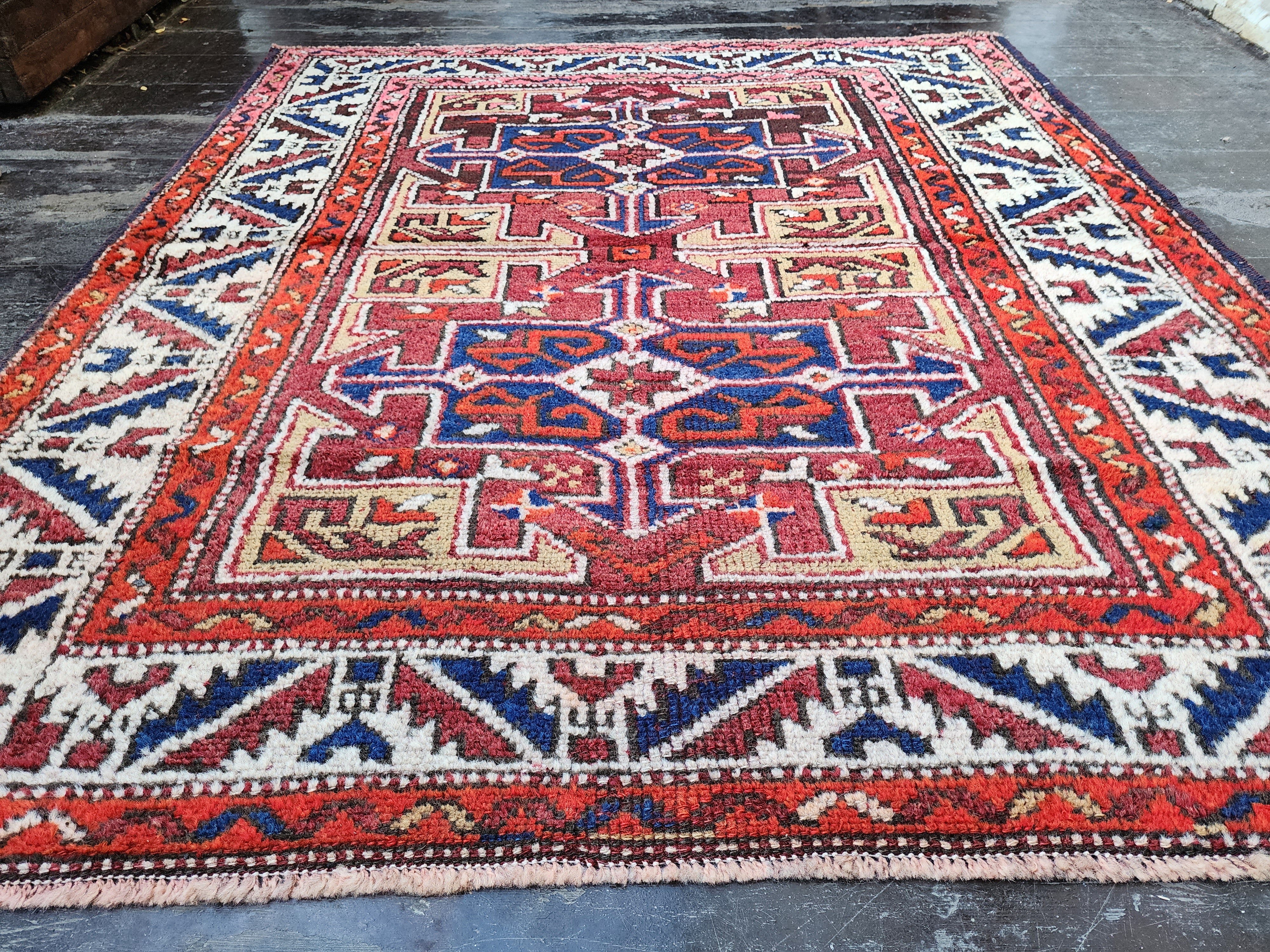 Antique Turkish Bergama Rug, Red, Blue and White Natural Rug