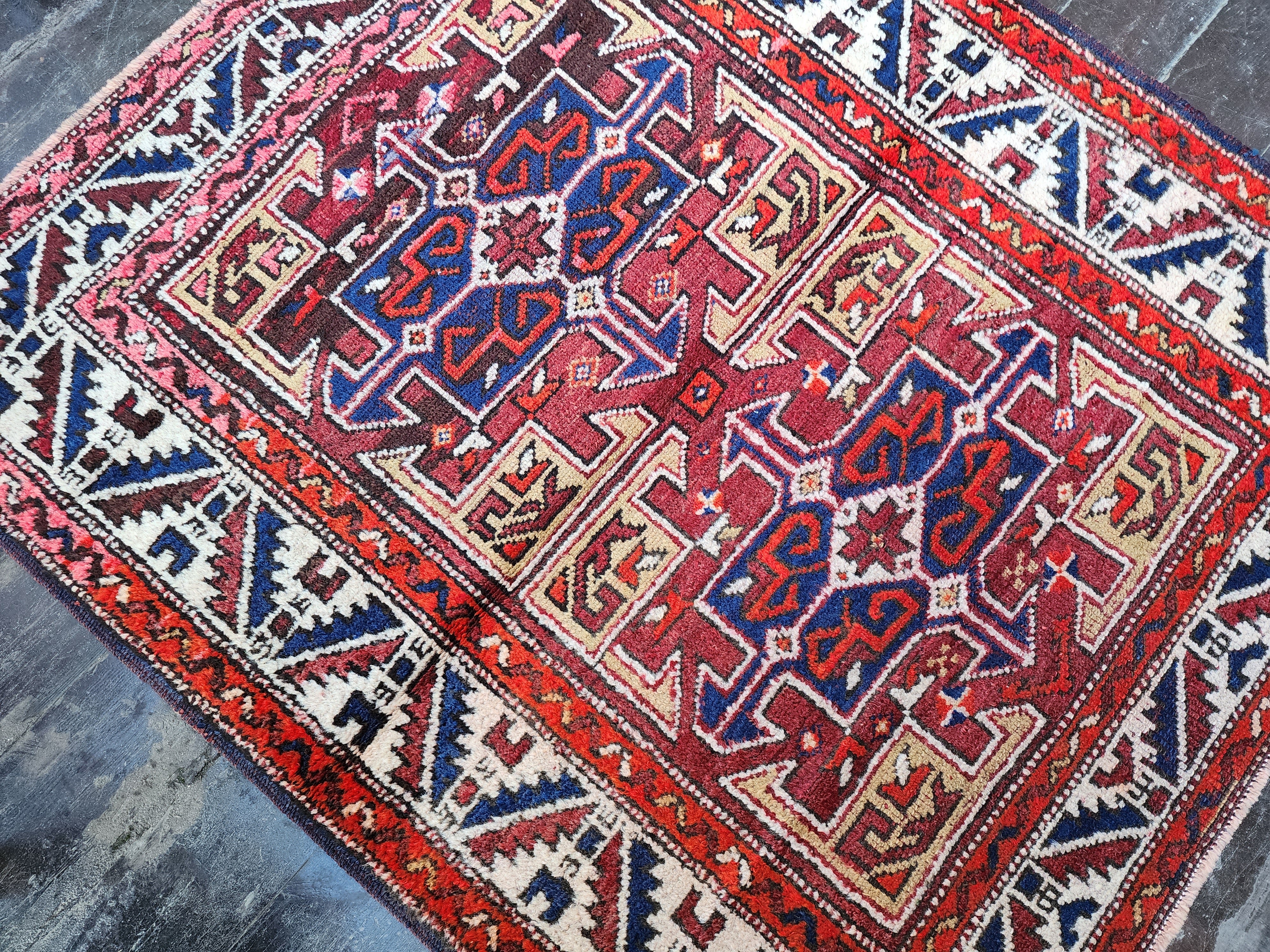 Antique Turkish Bergama Rug, Red, Blue and White Natural Rug