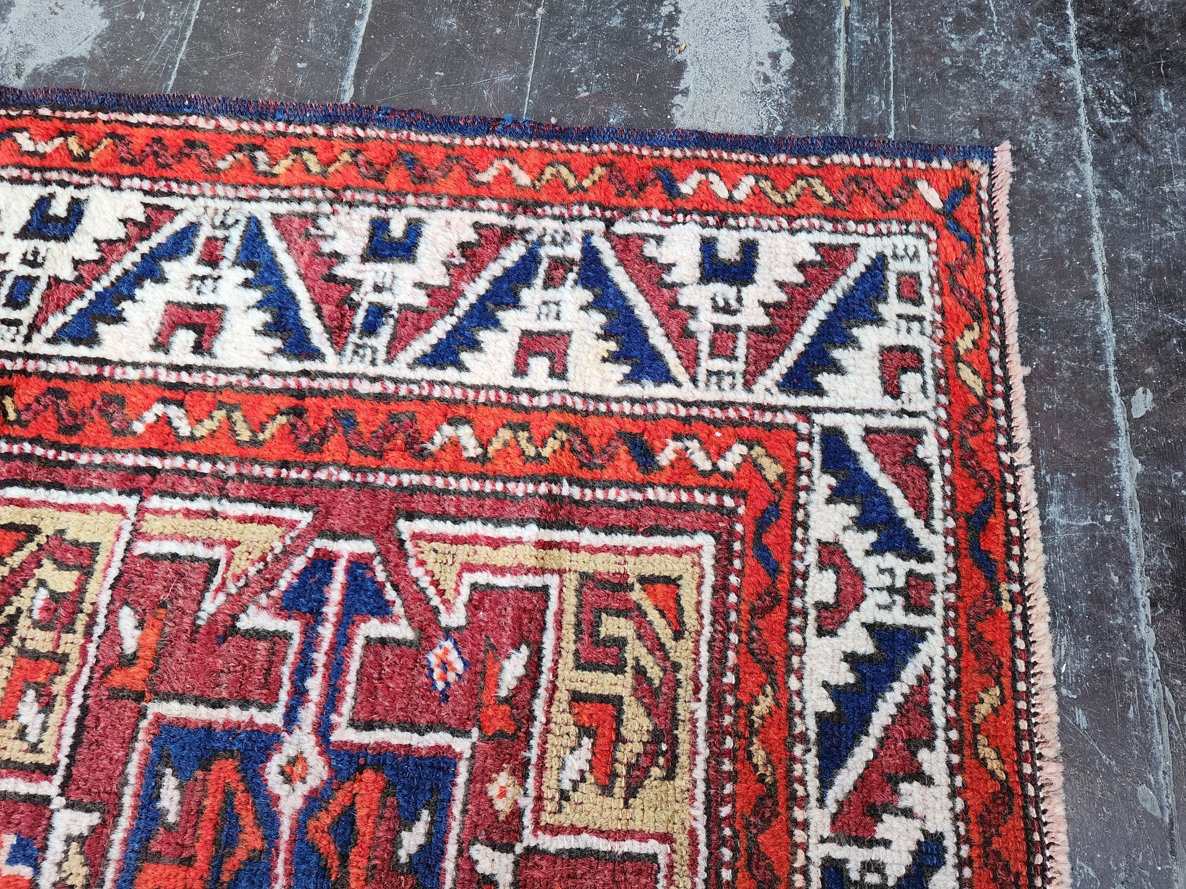 Antique Turkish Bergama Rug, Red, Blue and White Natural Rug