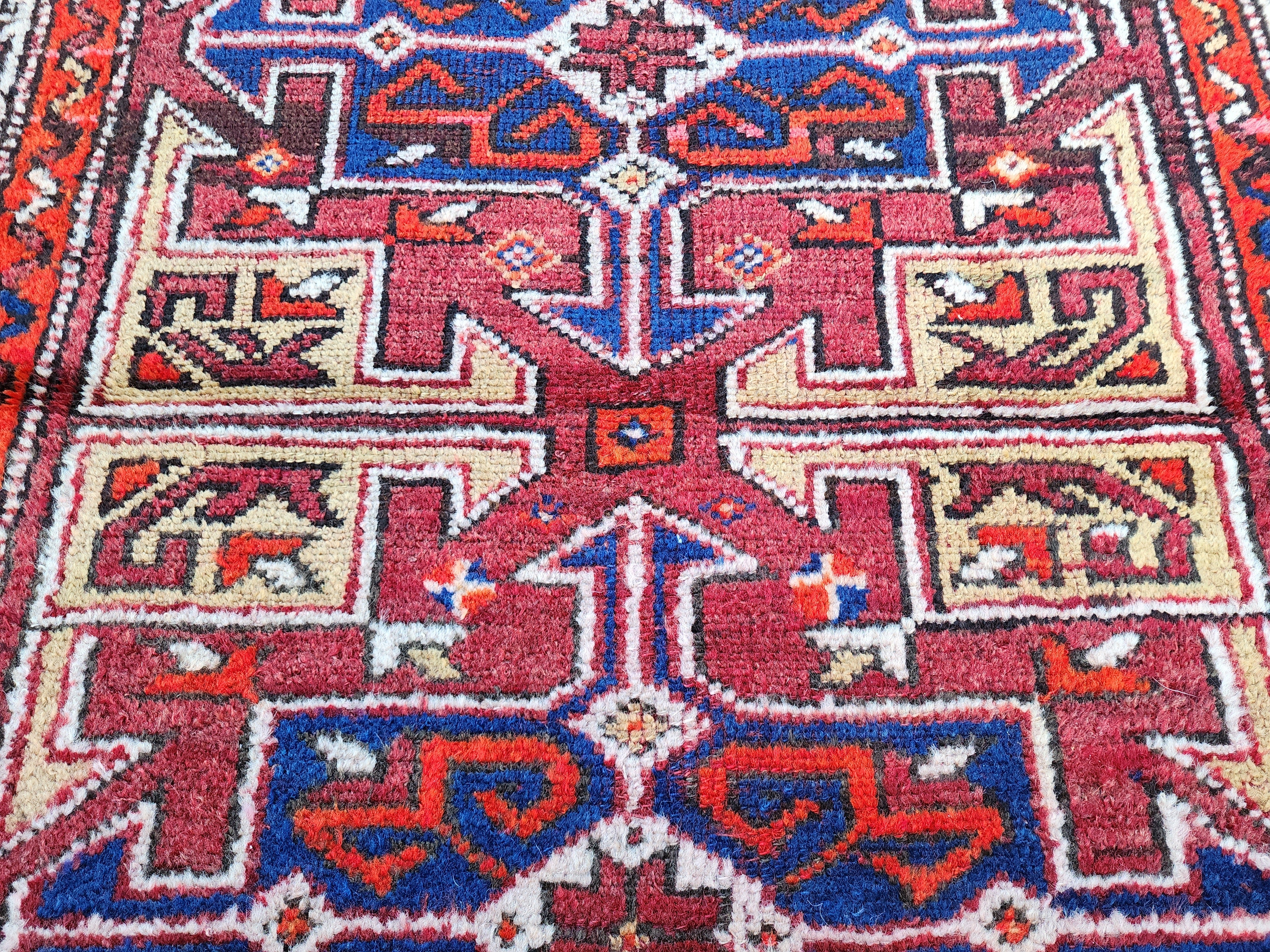 Antique Turkish Bergama Rug, Red, Blue and White Natural Rug