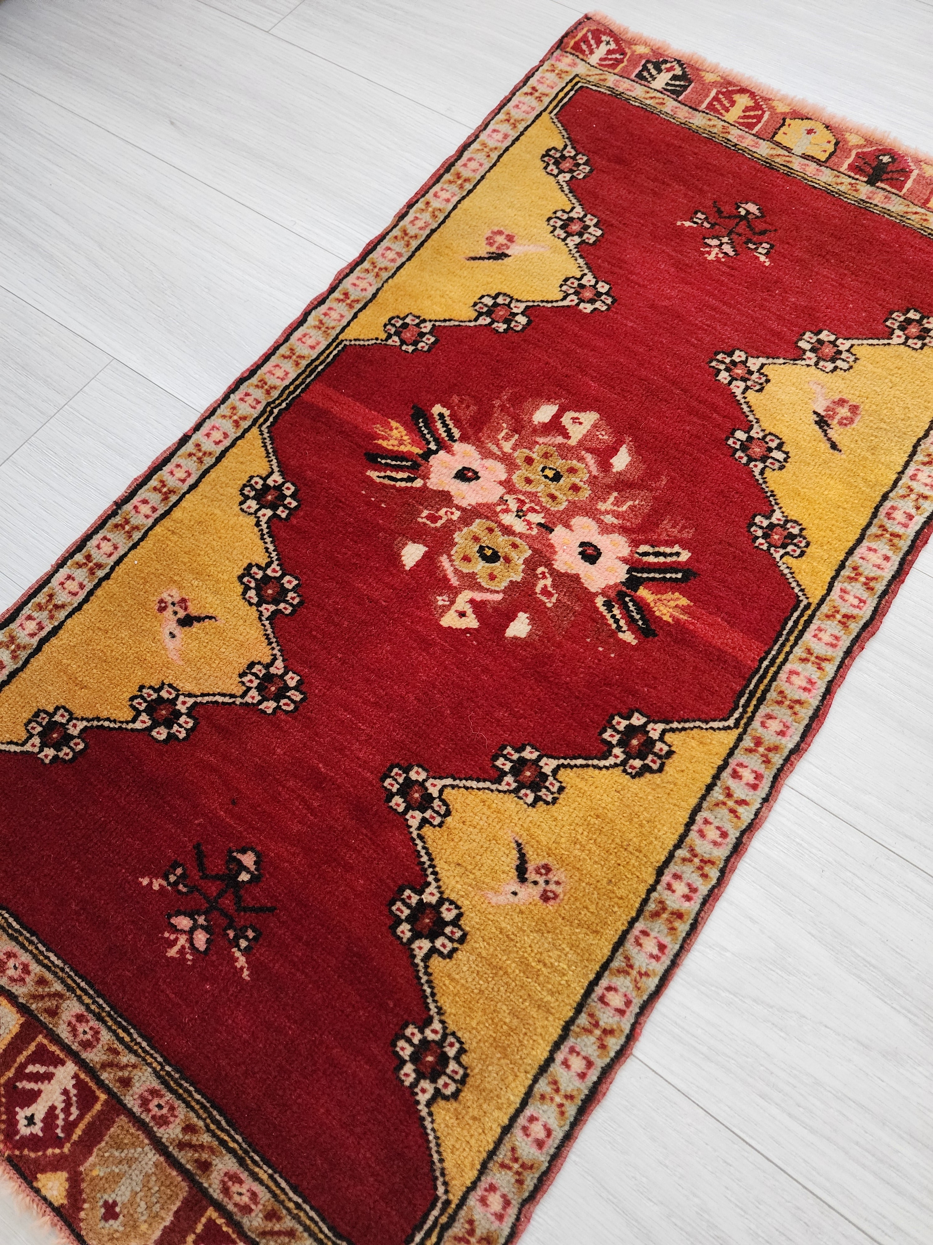 Small Turkish Oushak Rug: Red and Yellow Wool Entryway Mat, 3x2