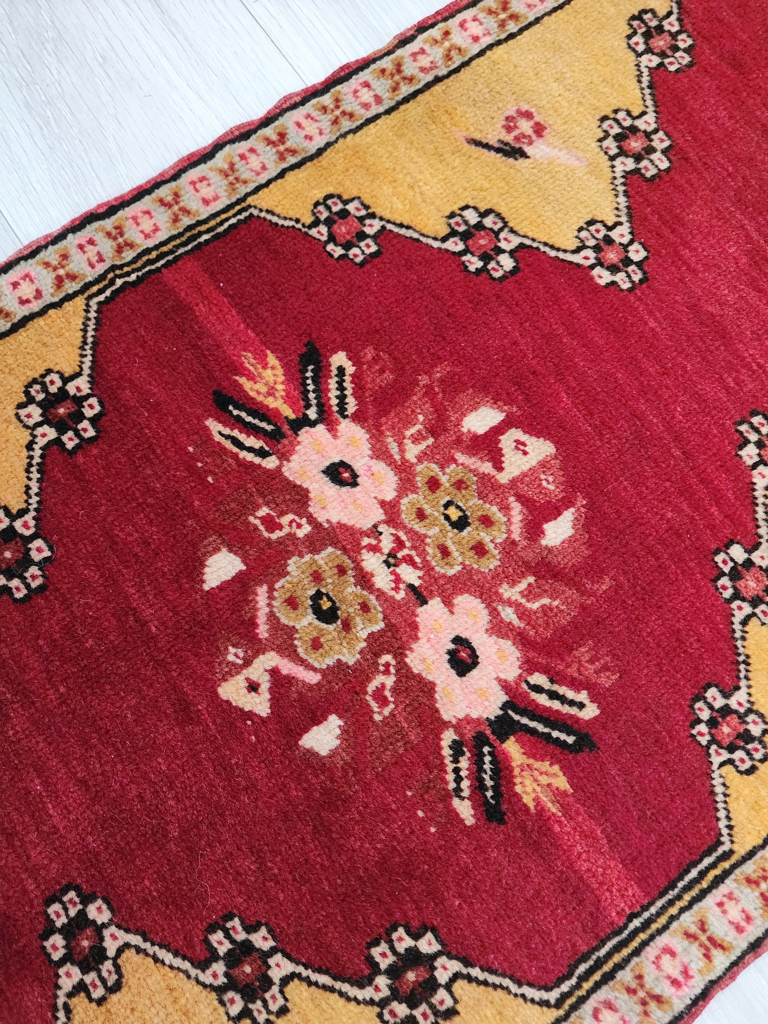 Small Turkish Oushak Rug: Red and Yellow Wool Entryway Mat, 3x2