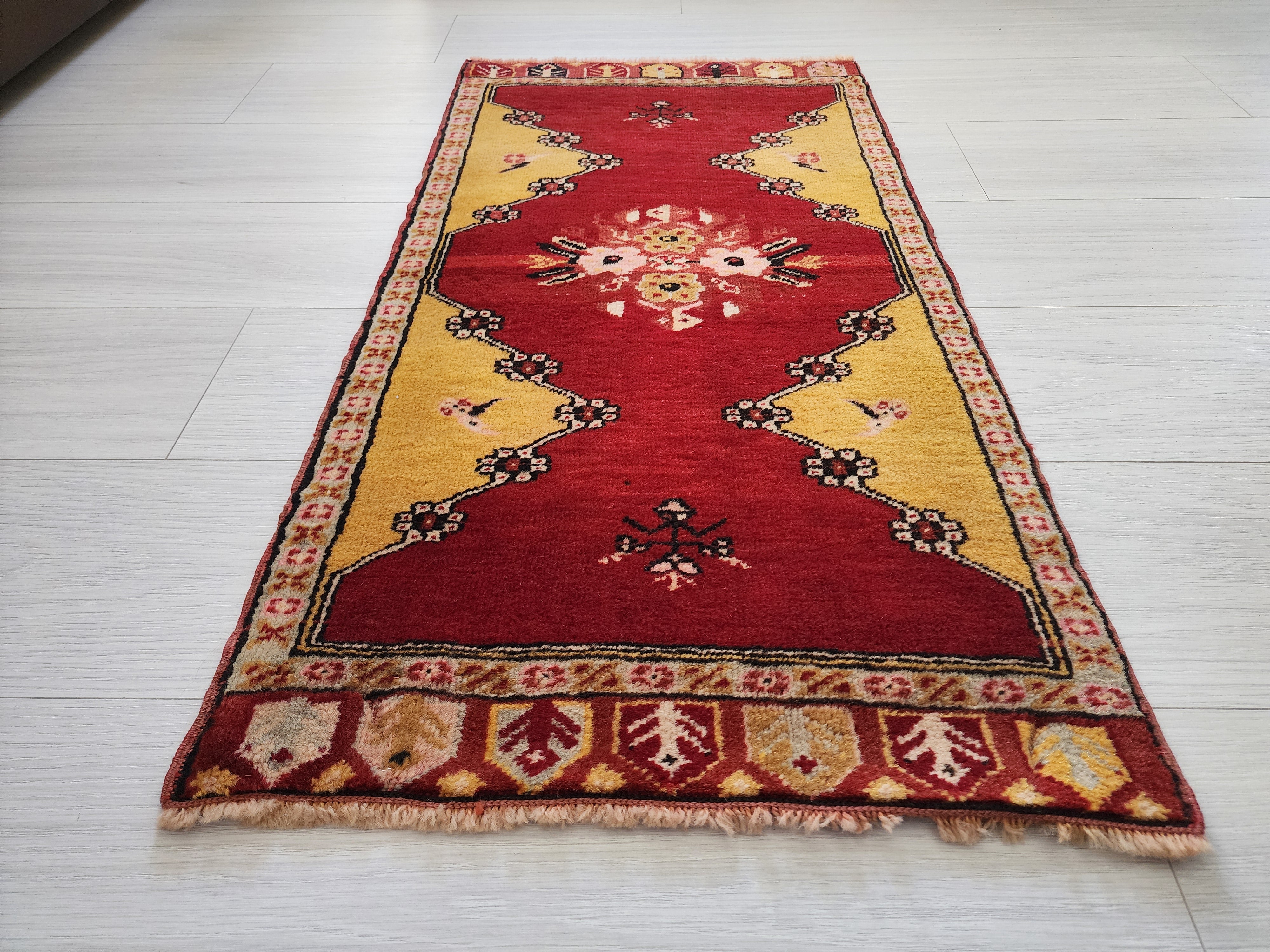Small Turkish Oushak Rug: Red and Yellow Wool Entryway Mat, 3x2