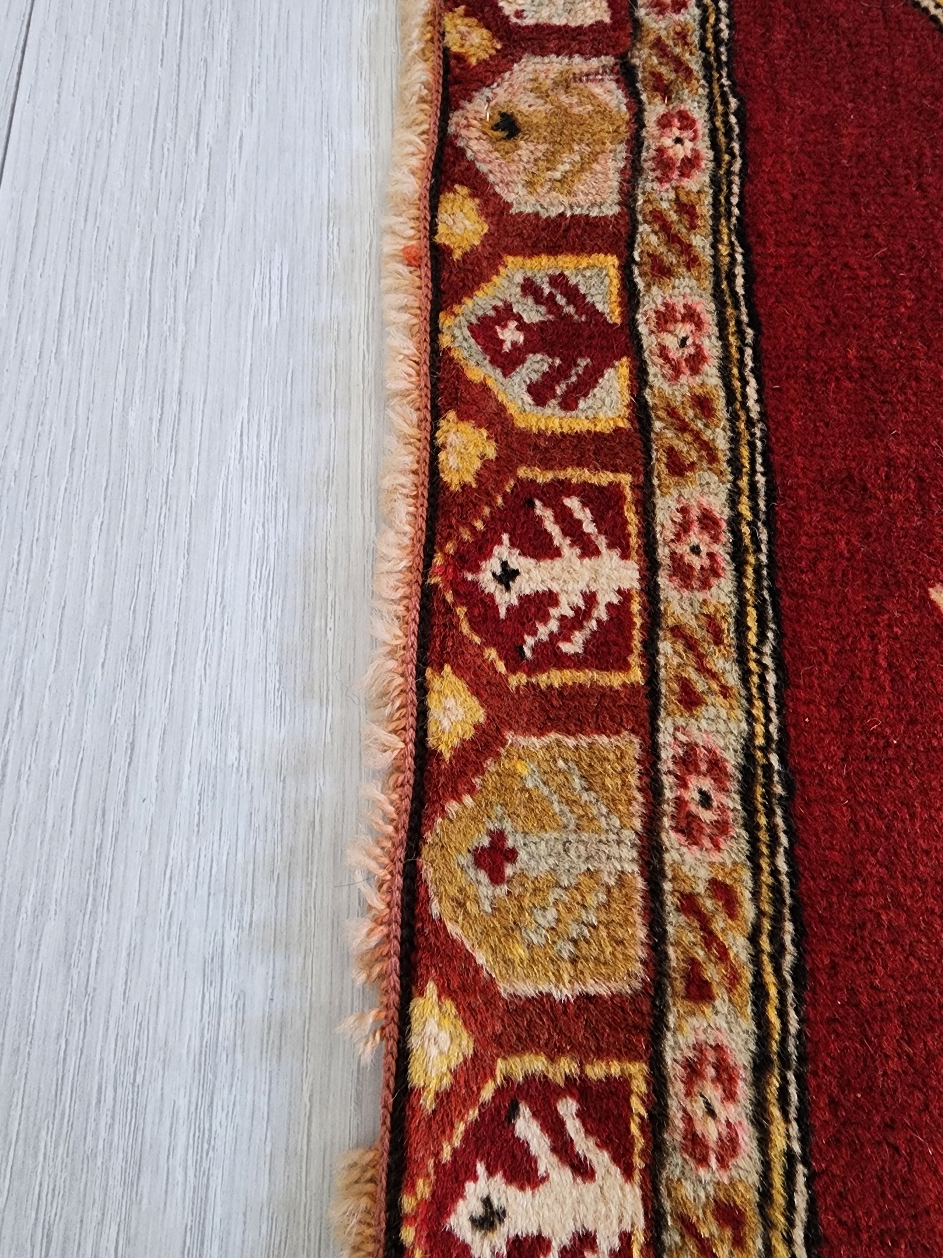 Small Turkish Oushak Rug: Red and Yellow Wool Entryway Mat, 3x2