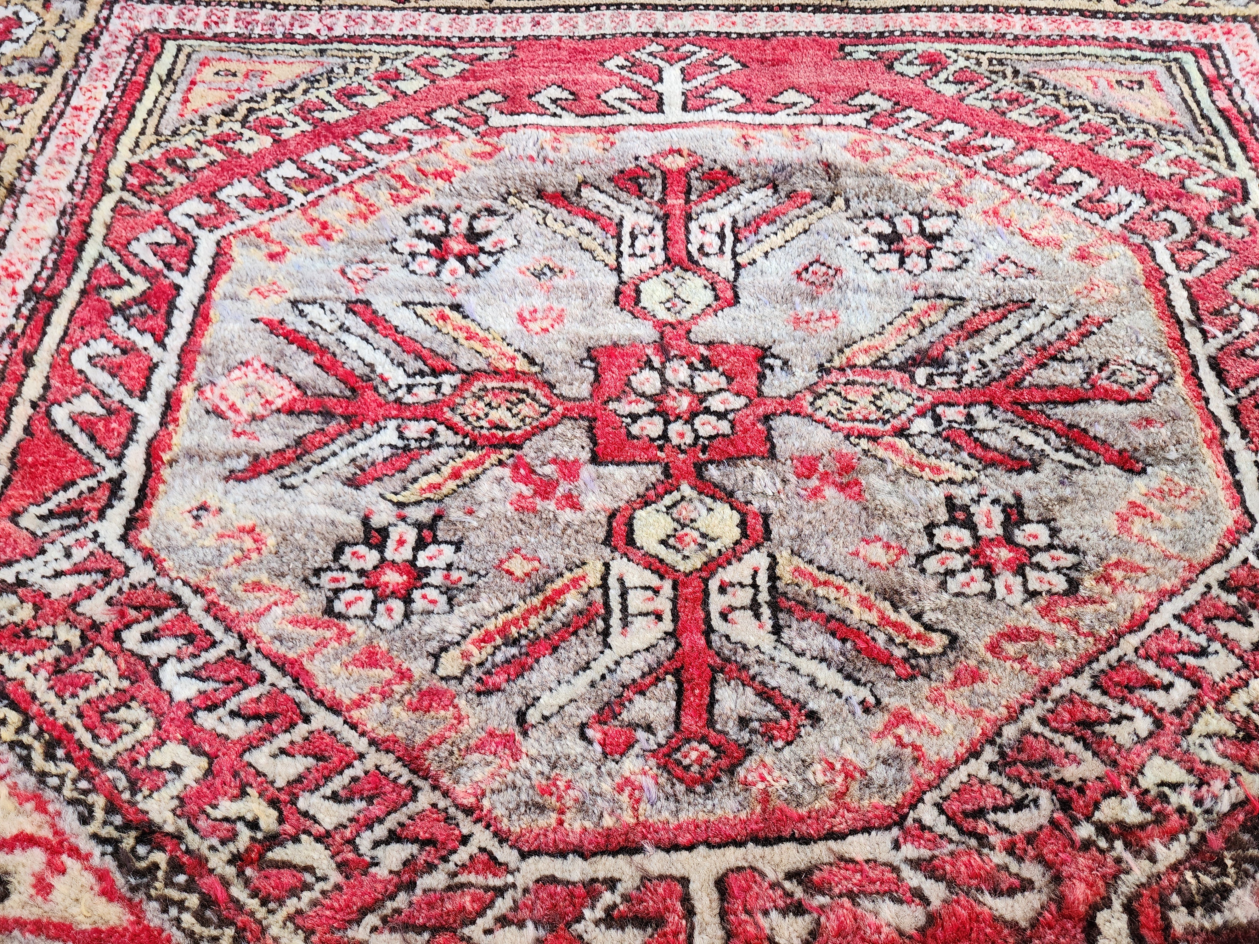 Antique Turkish Tulu Rug, 6 ft 5 in x 4 ft 5 in, Red Brown and Cream Floral Medallion Rug Handmade from Natural Wool