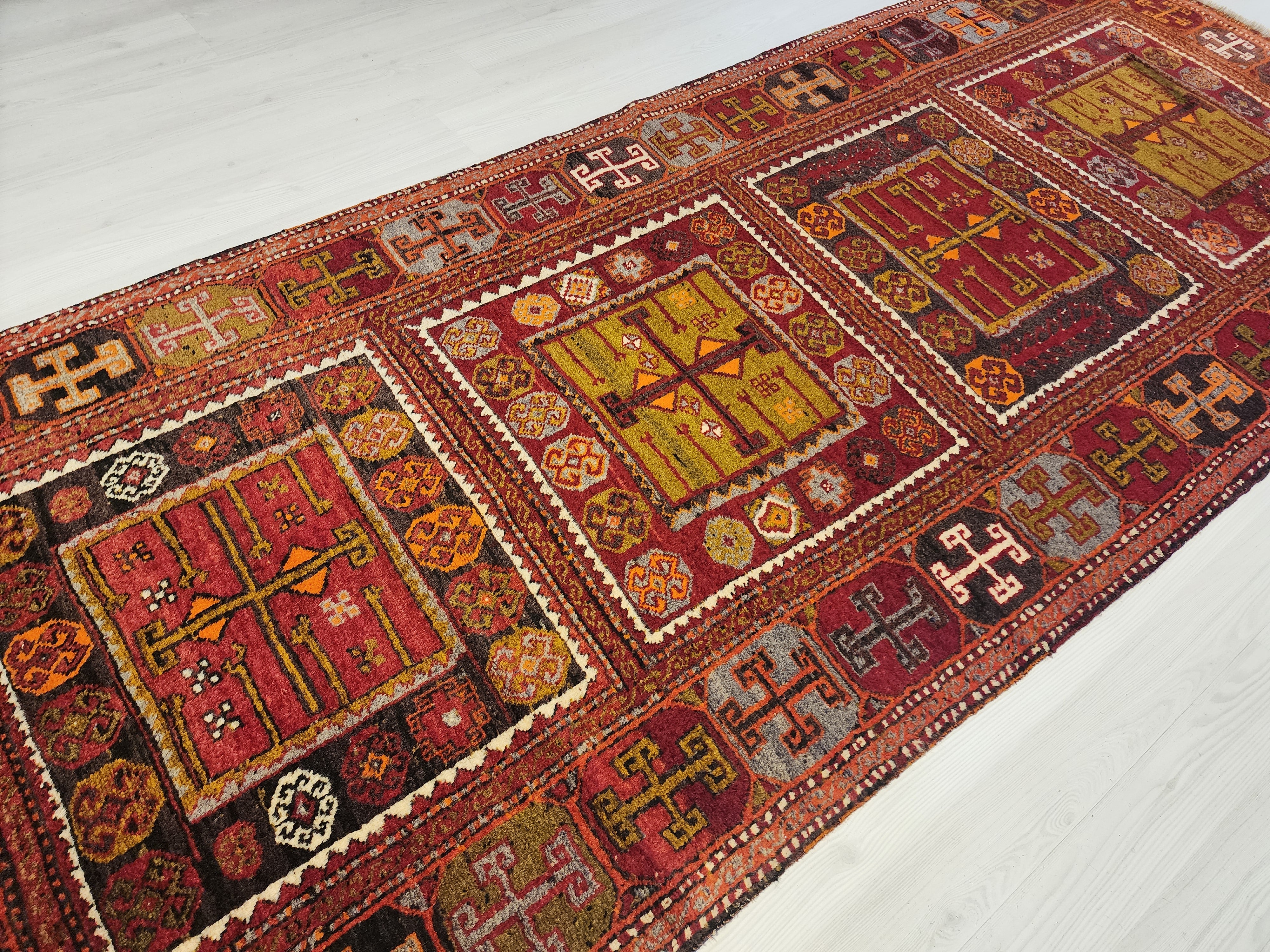 Antique Hallway Runner Rug, Red Orrange and Green Rug, Vintage Antique Recycled Old Rug, Handmade Natural Wool Persian Area Rug 10x4