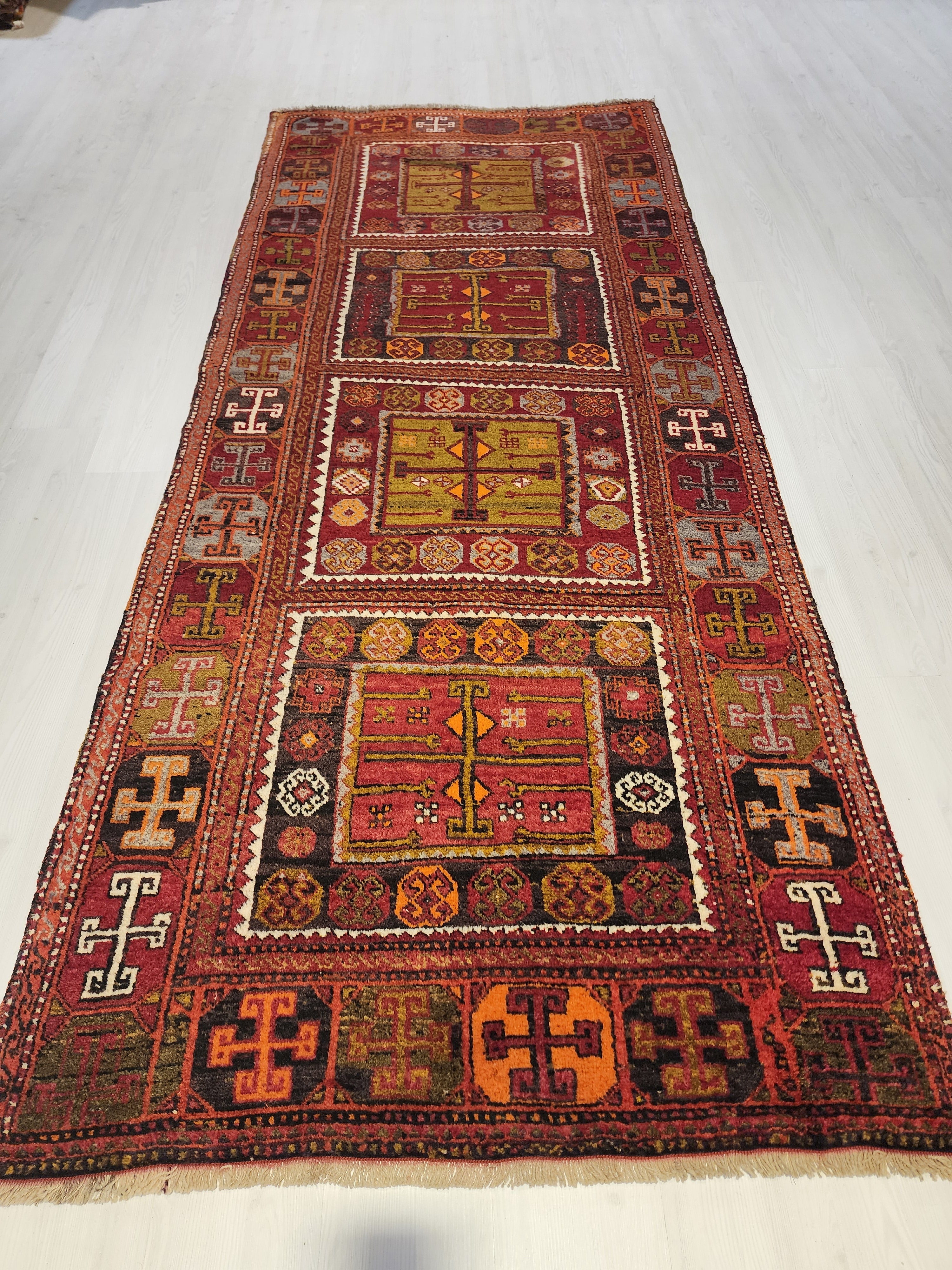 Antique Hallway Runner Rug, Red Orrange and Green Rug, Vintage Antique Recycled Old Rug, Handmade Natural Wool Persian Area Rug 10x4