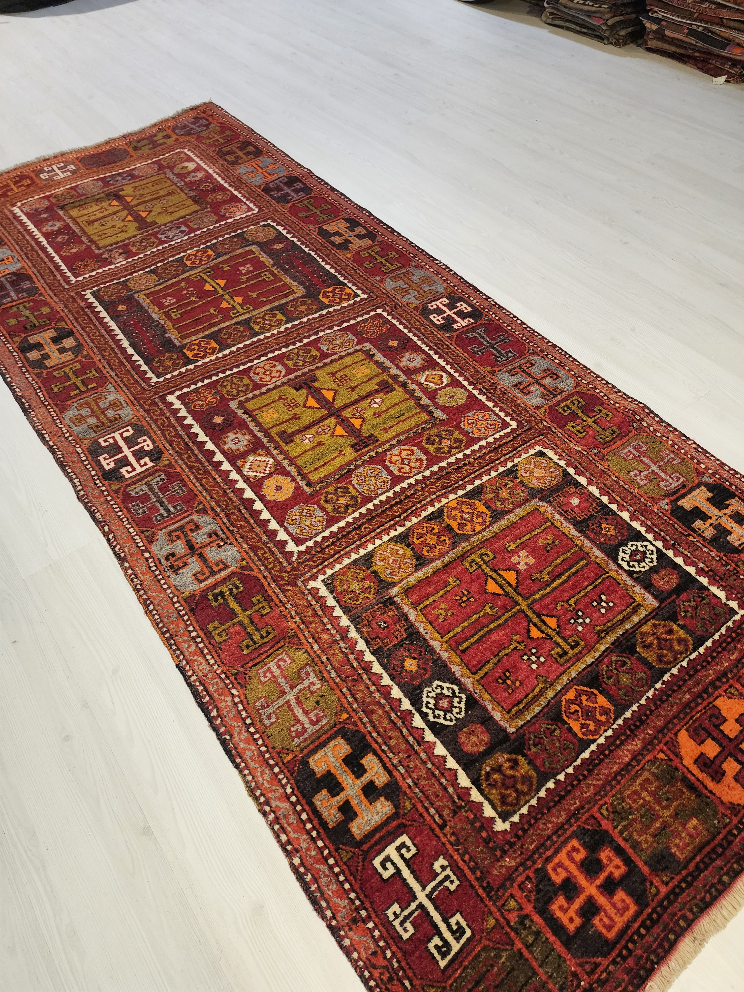 Antique Hallway Runner Rug, Red Orrange and Green Rug, Vintage Antique Recycled Old Rug, Handmade Natural Wool Persian Area Rug 10x4
