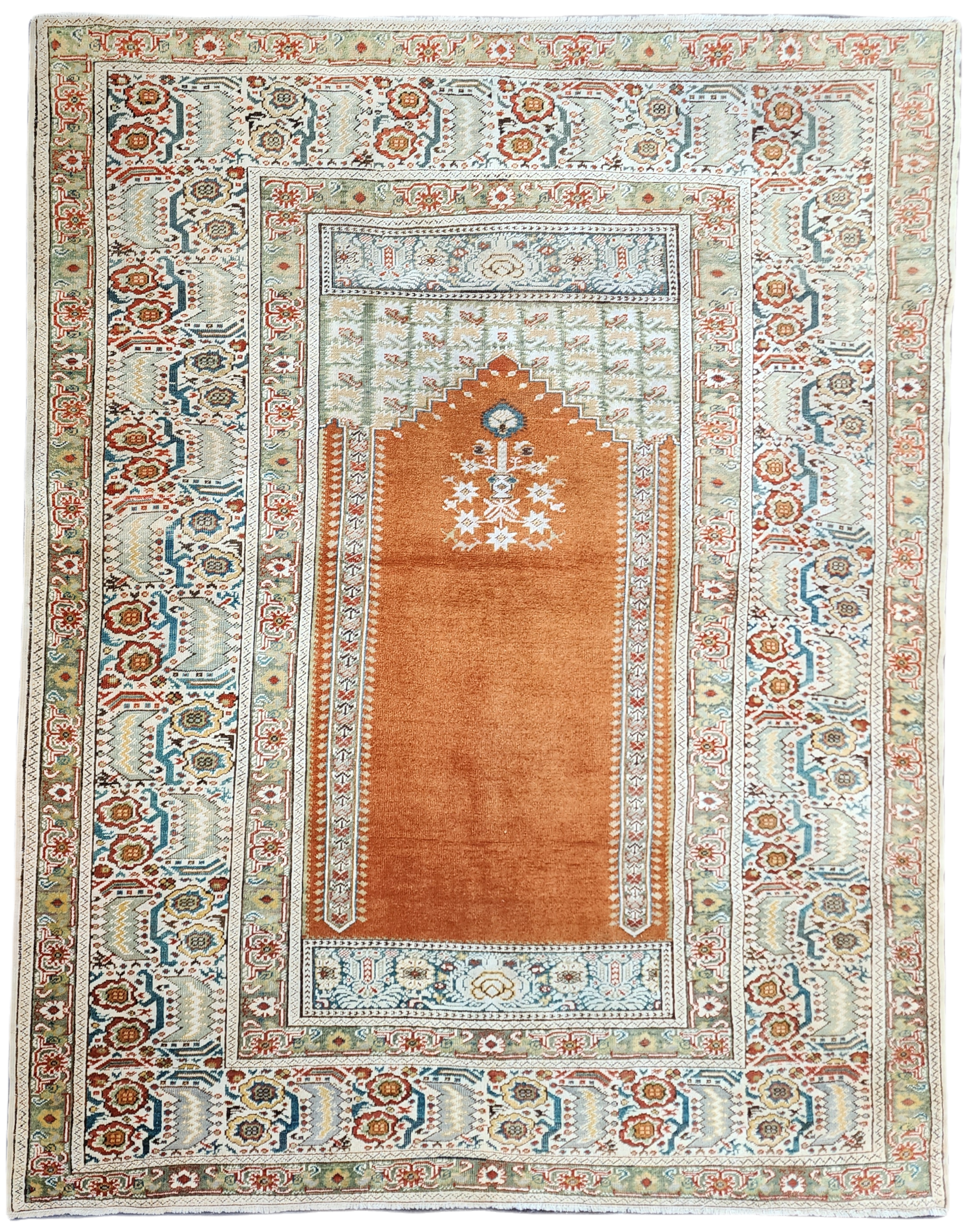 Antique Turkish Rug, 5 ft x 4 ft, Coral/Orange, Green and Beige Turkish Prayer Niche Stlye Carpet Handmade in Balikesir from Natural Wool