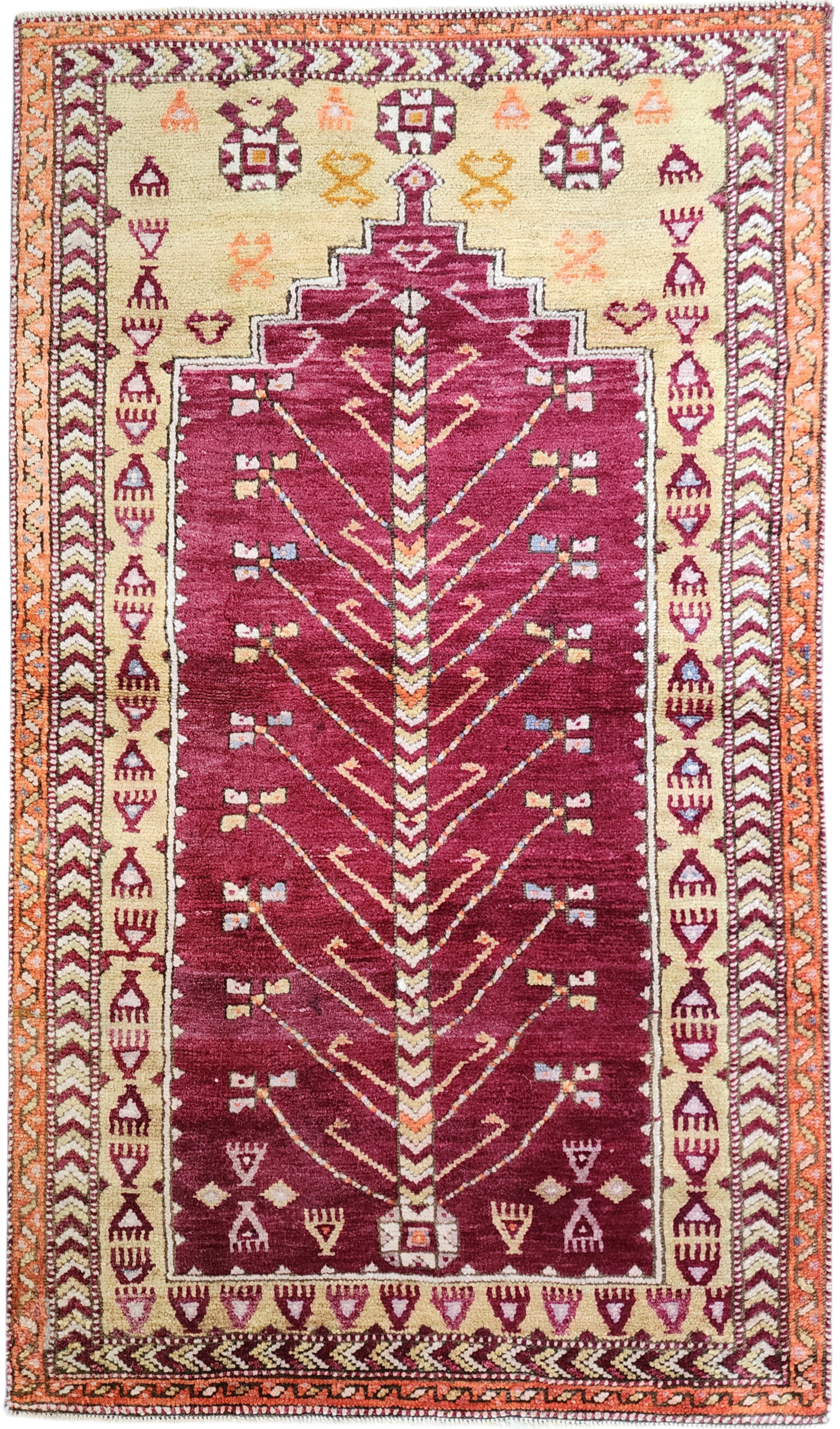 Antique Turkish Rug, 5 ft 5 in x 3 ft 6 in, Red, Green and Yellow Tree of Life Motif Turkish Carpet Handmade in Adana from Natural Wool