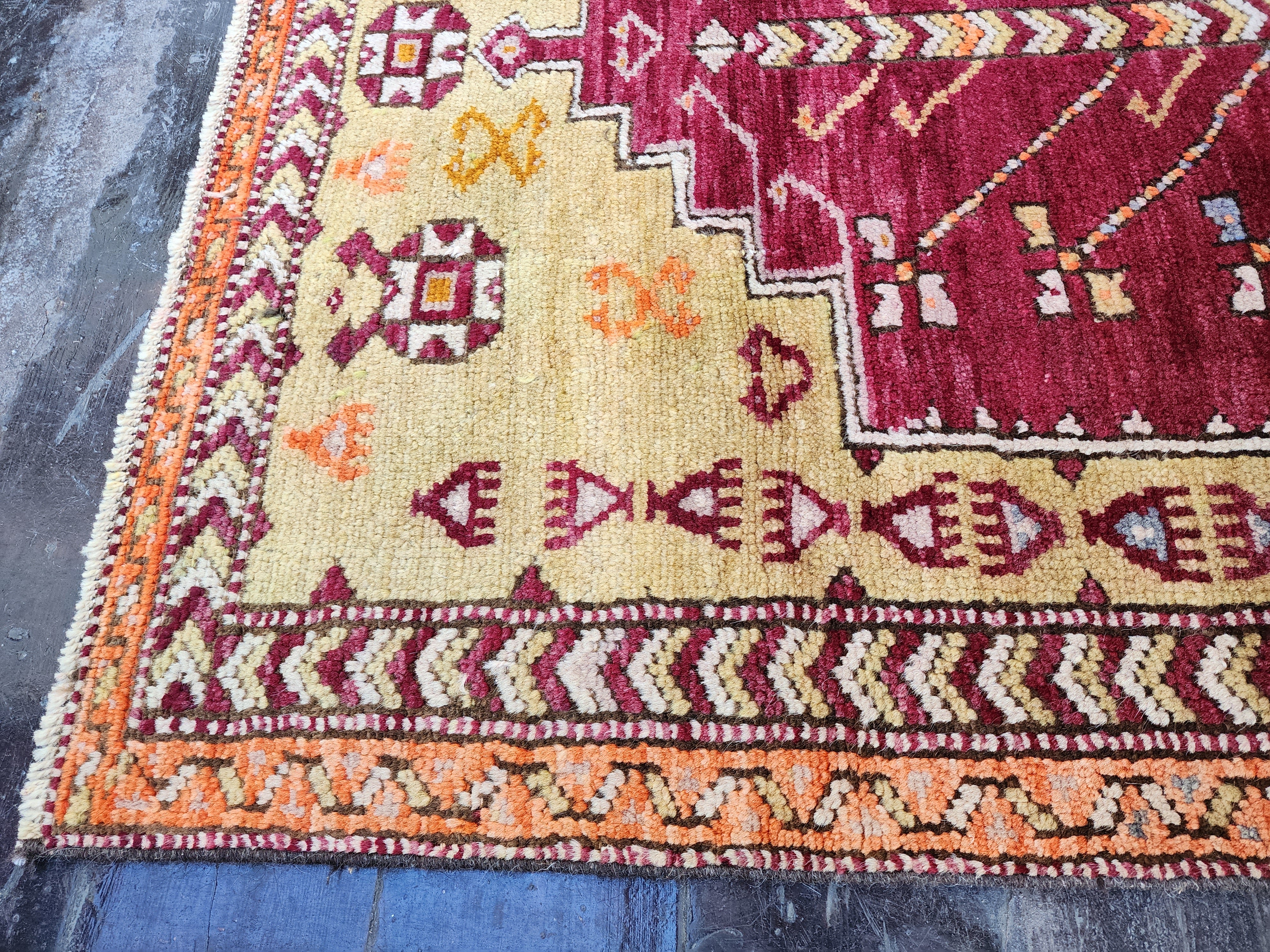 Antique Turkish Rug, 5 ft 5 in x 3 ft 6 in, Red, Green and Yellow Tree of Life Motif Turkish Carpet Handmade in Adana from Natural Wool