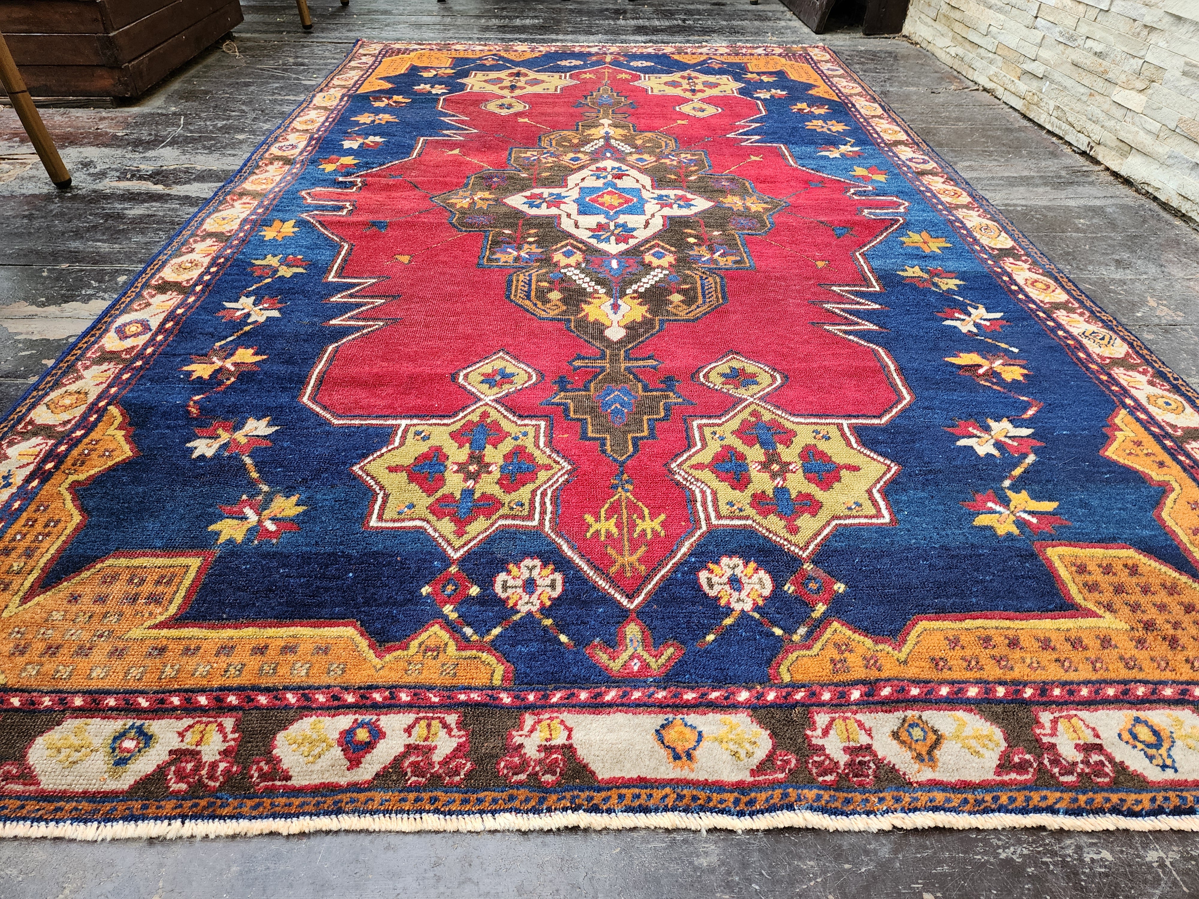 Red and Blue Antique Turkish Yahyalı Rug, 7'4''x4'3''