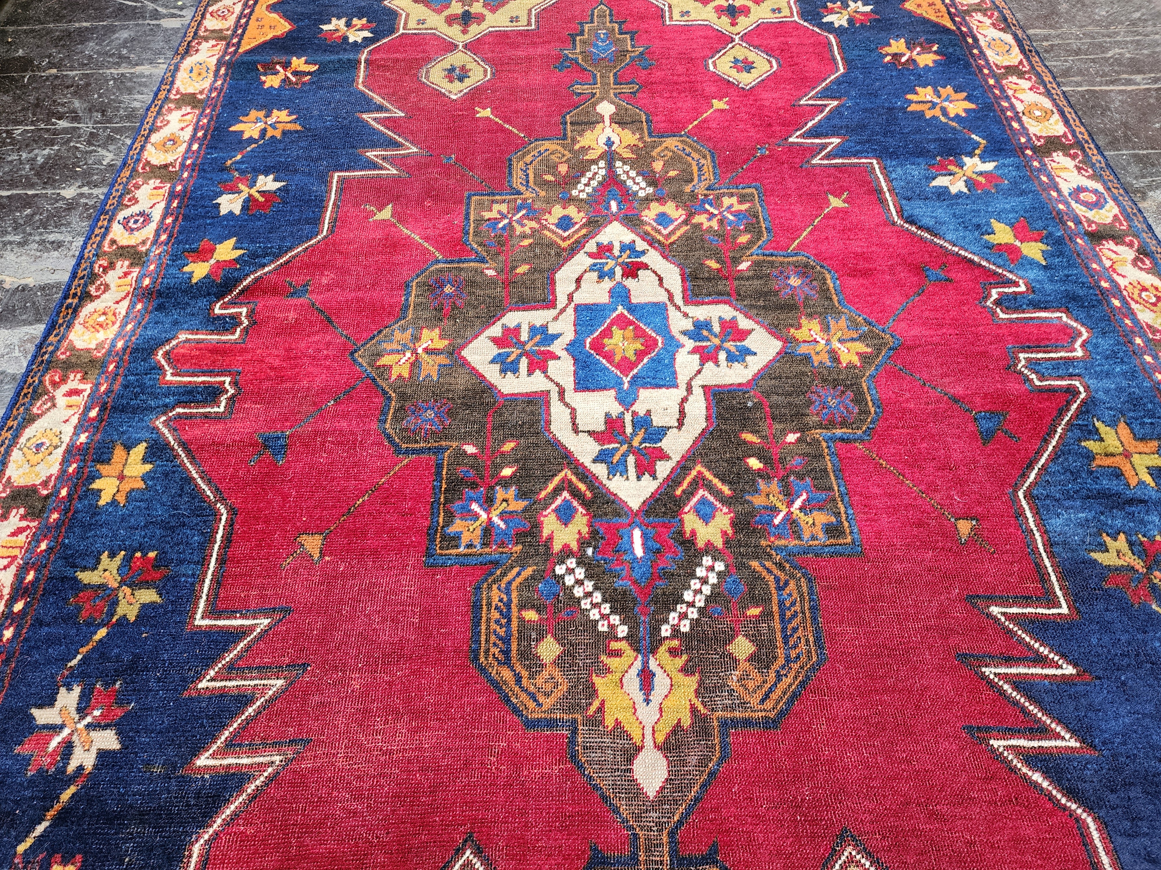 Red and Blue Antique Turkish Yahyalı Rug, 7'4''x4'3''