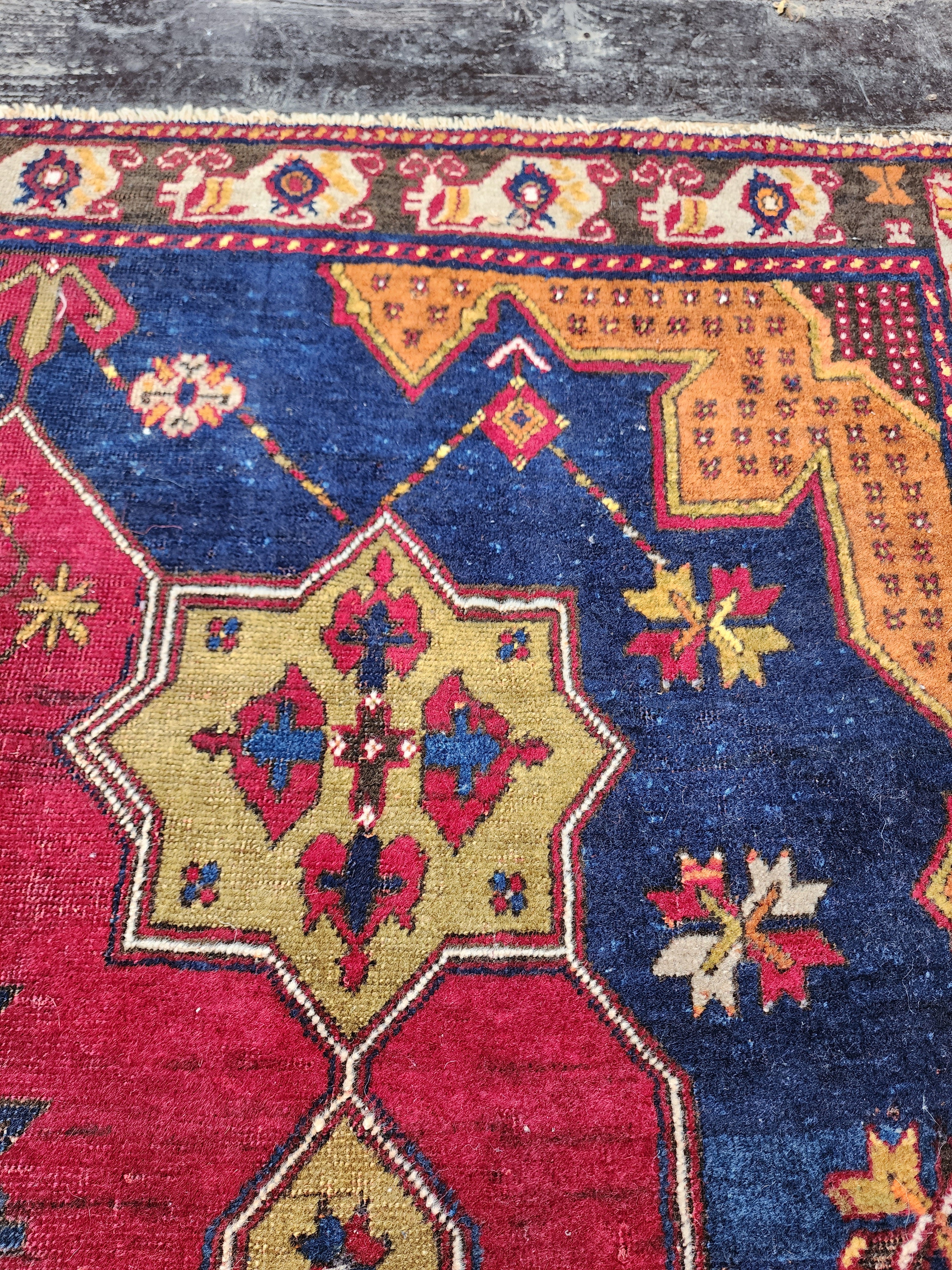 Red and Blue Antique Turkish Yahyalı Rug, 7'4''x4'3''