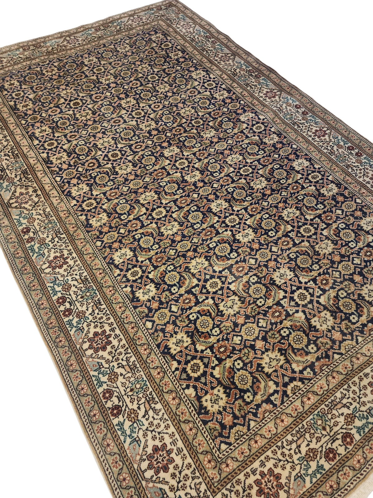 1960s Hand-Knotted Navy Blue Kayseri Rug – Wool & Silk Blend Anatolian Floral Lattice Area Rug