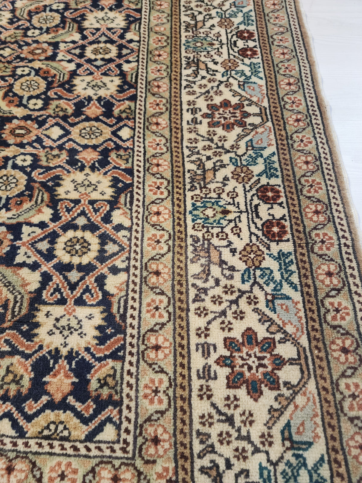 1960s Hand-Knotted Navy Blue Kayseri Rug – Wool & Silk Blend Anatolian Floral Lattice Area Rug