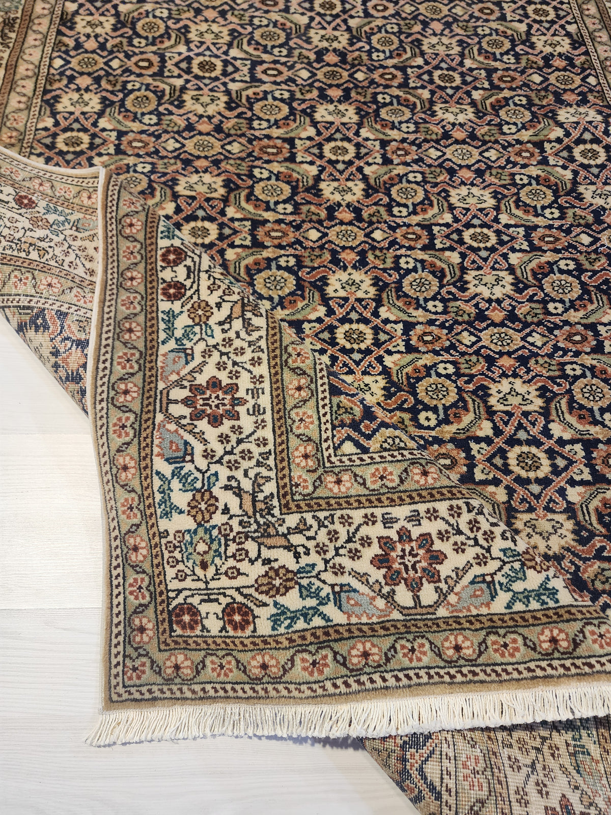 1960s Hand-Knotted Navy Blue Kayseri Rug – Wool & Silk Blend Anatolian Floral Lattice Area Rug