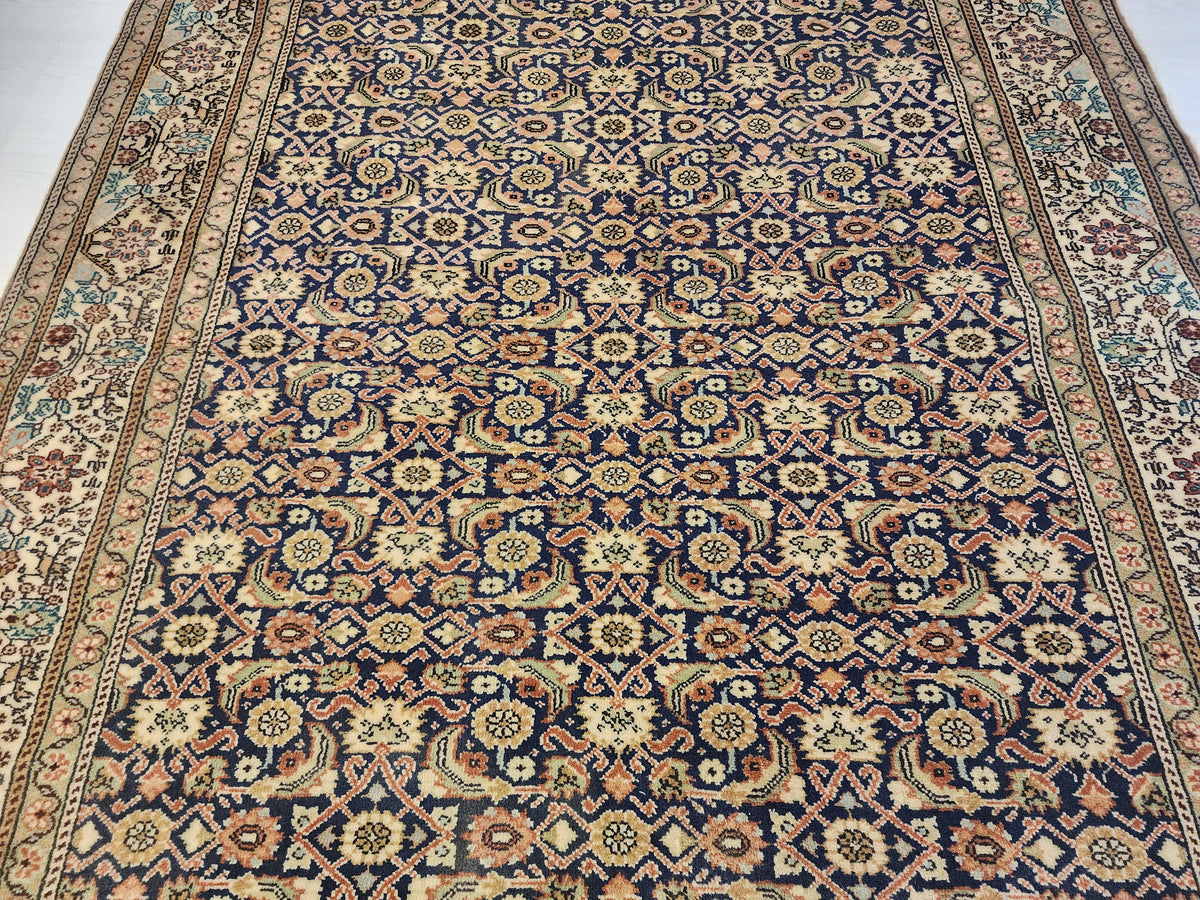 1960s Hand-Knotted Navy Blue Kayseri Rug – Wool & Silk Blend Anatolian Floral Lattice Area Rug