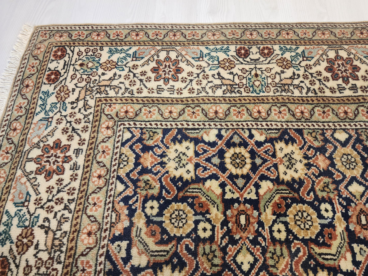 1960s Hand-Knotted Navy Blue Kayseri Rug – Wool & Silk Blend Anatolian Floral Lattice Area Rug