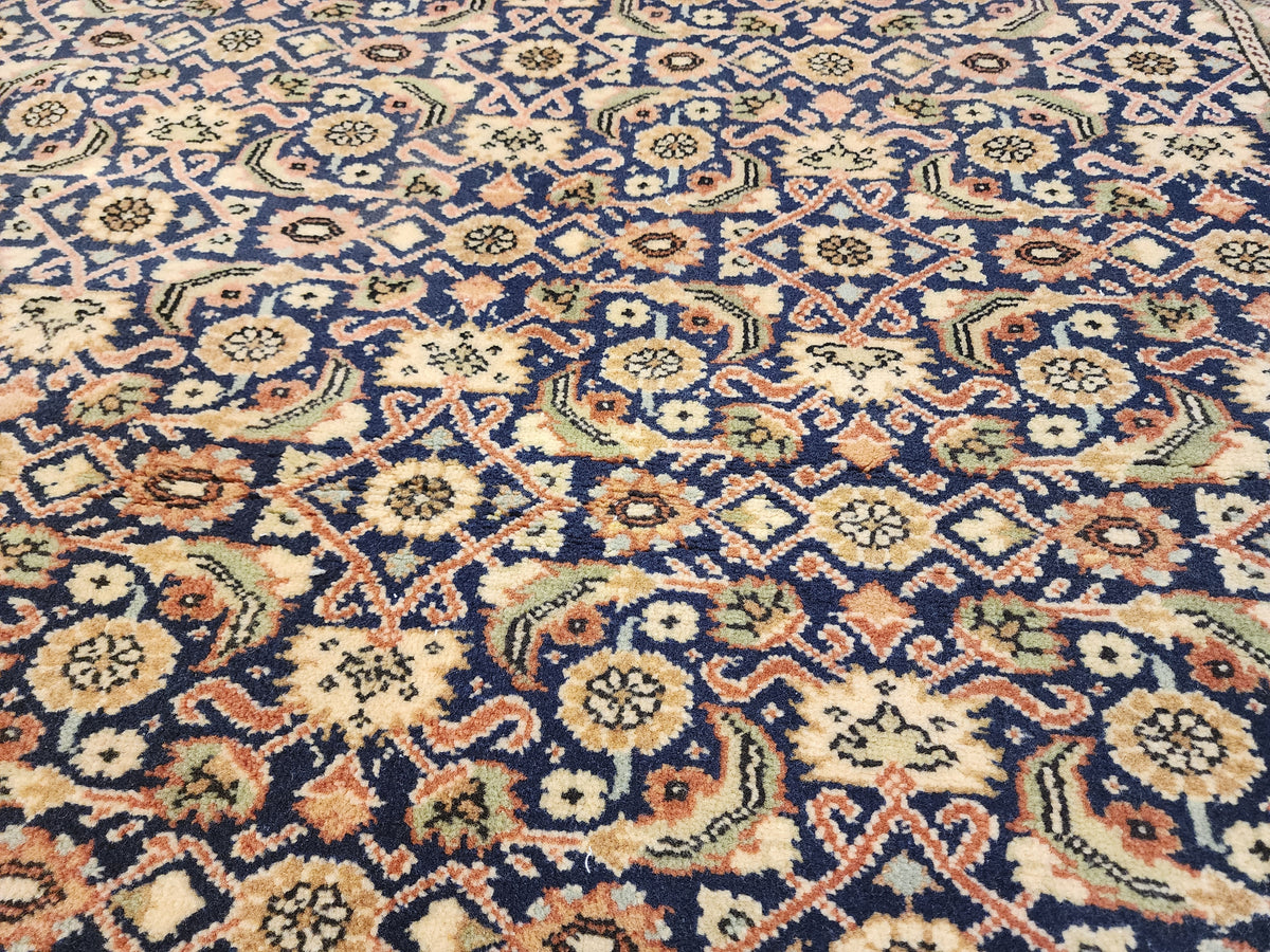 1960s Hand-Knotted Navy Blue Kayseri Rug – Wool & Silk Blend Anatolian Floral Lattice Area Rug