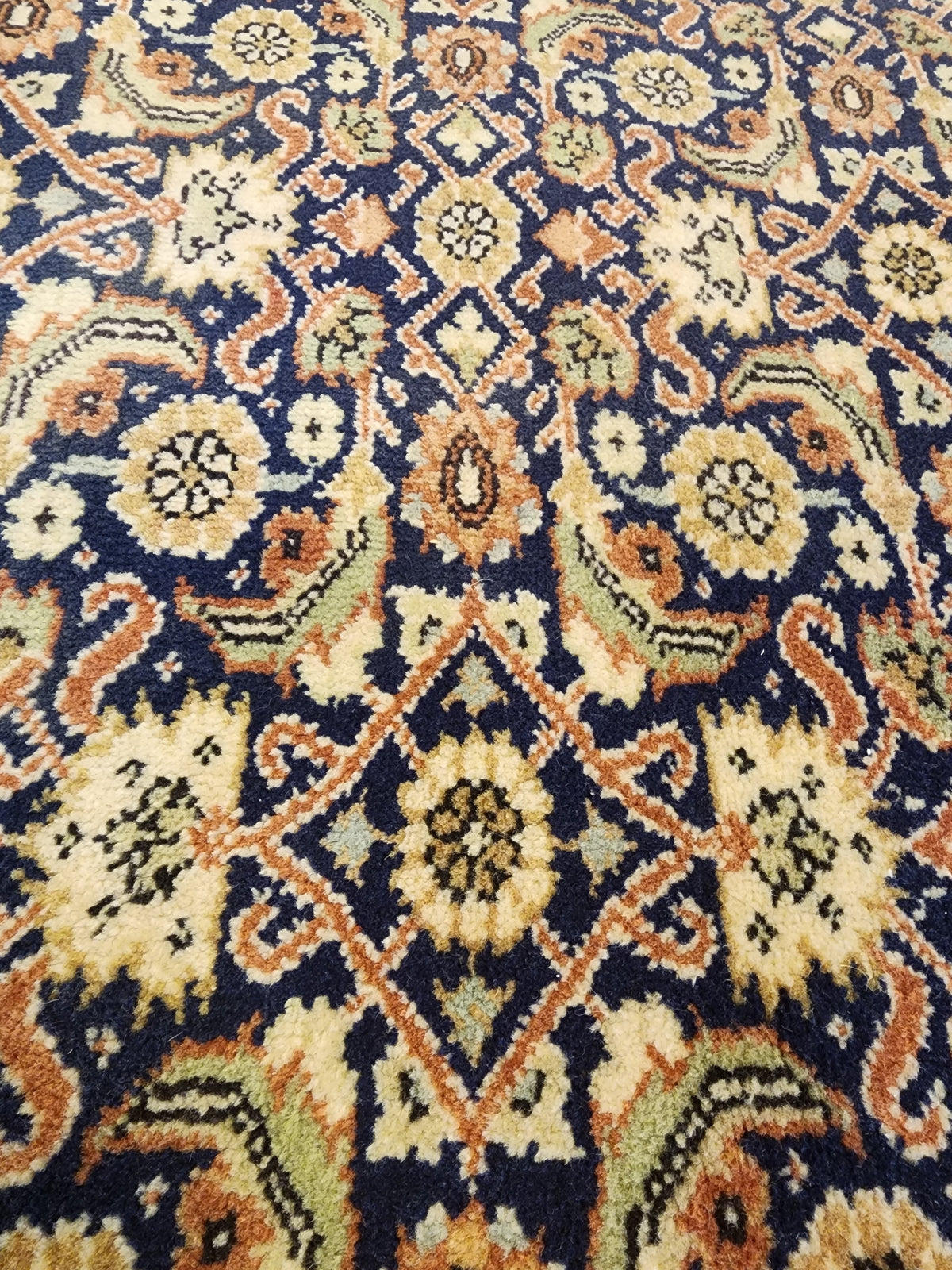 1960s Hand-Knotted Navy Blue Kayseri Rug – Wool & Silk Blend Anatolian Floral Lattice Area Rug
