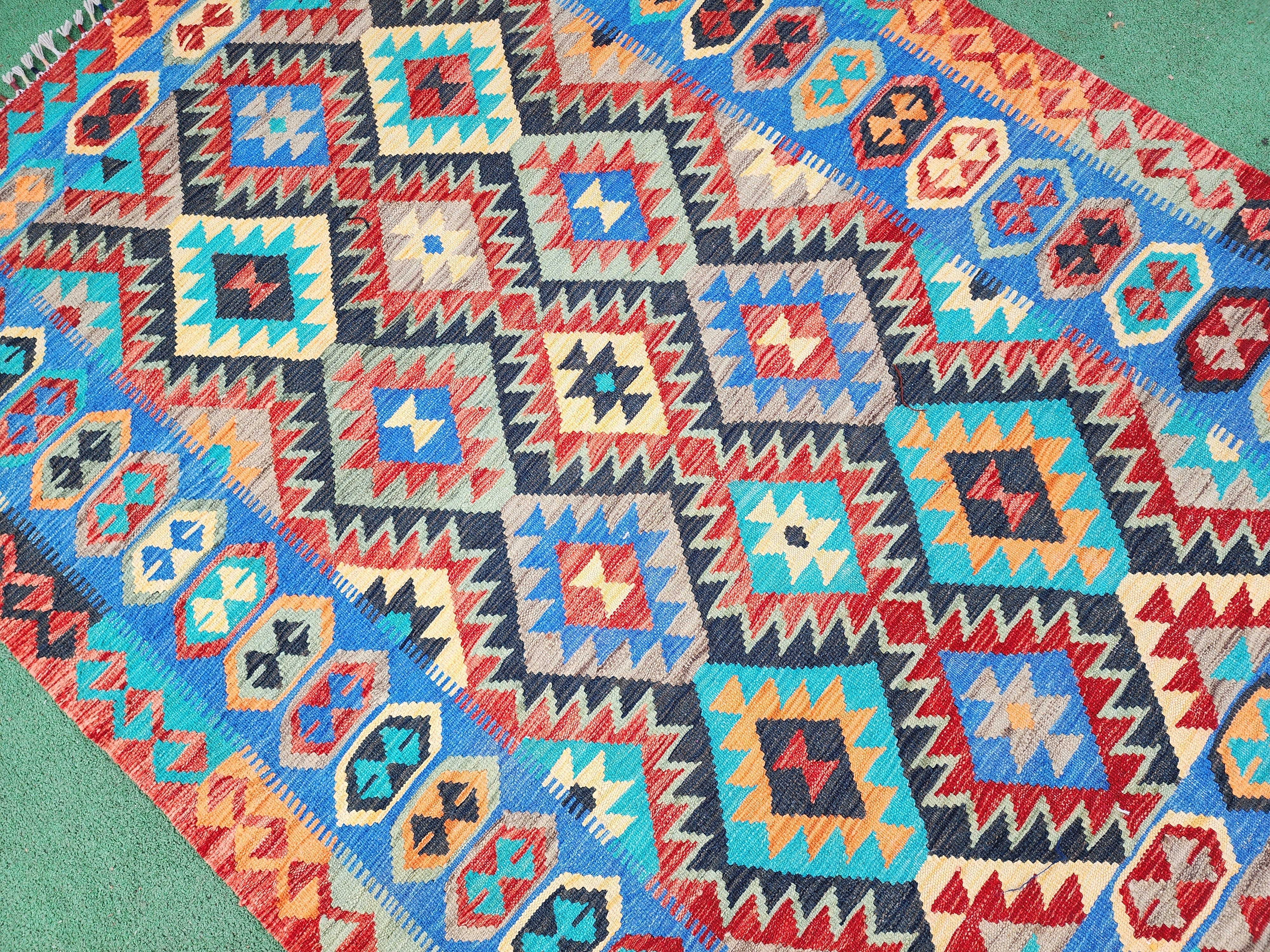 Kilim Rug, ''5''x6'8'' ft Blue Red, Orange Turkish Area Kilim Rug