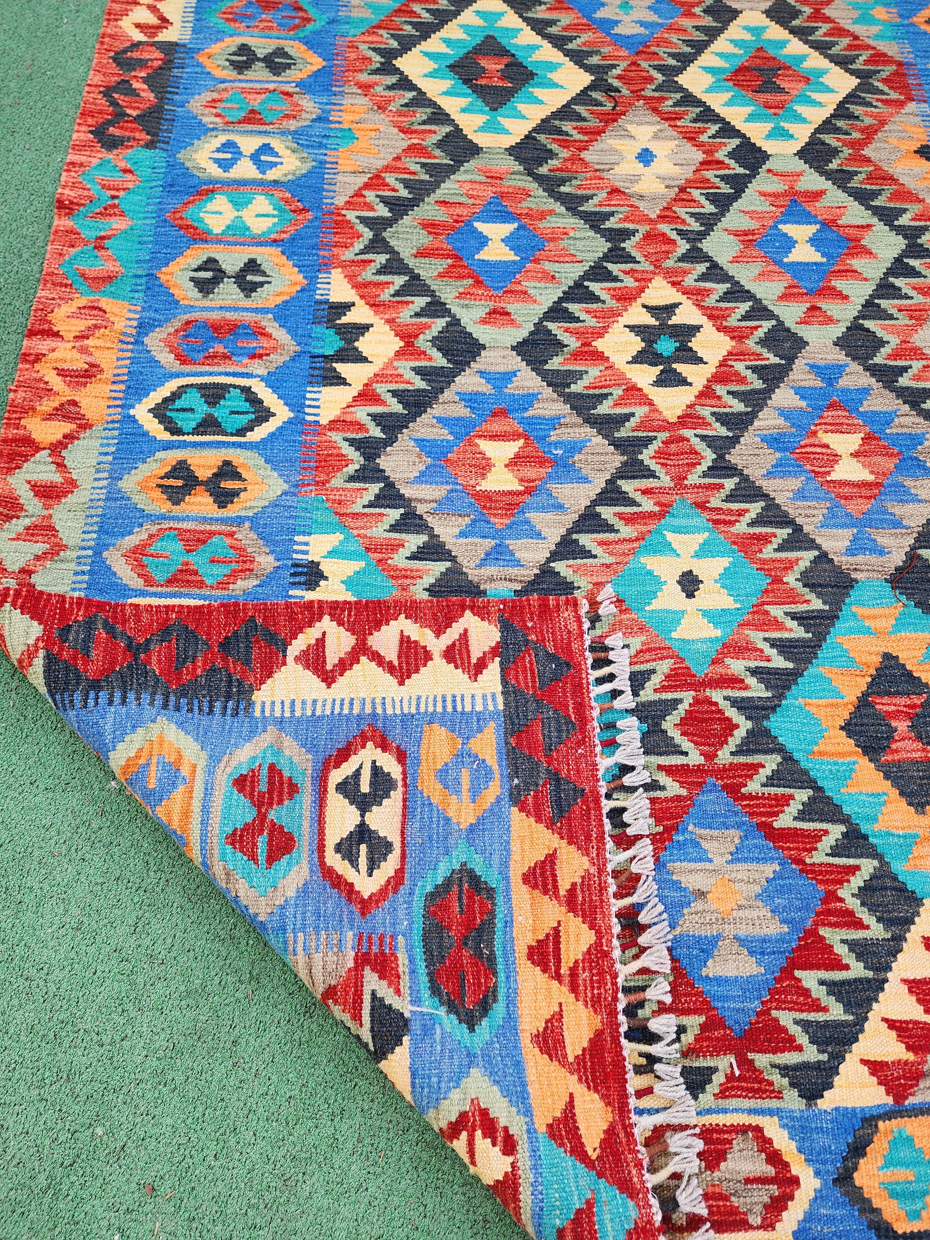 Kilim Rug, ''5''x6'8'' ft Blue Red, Orange Turkish Area Kilim Rug