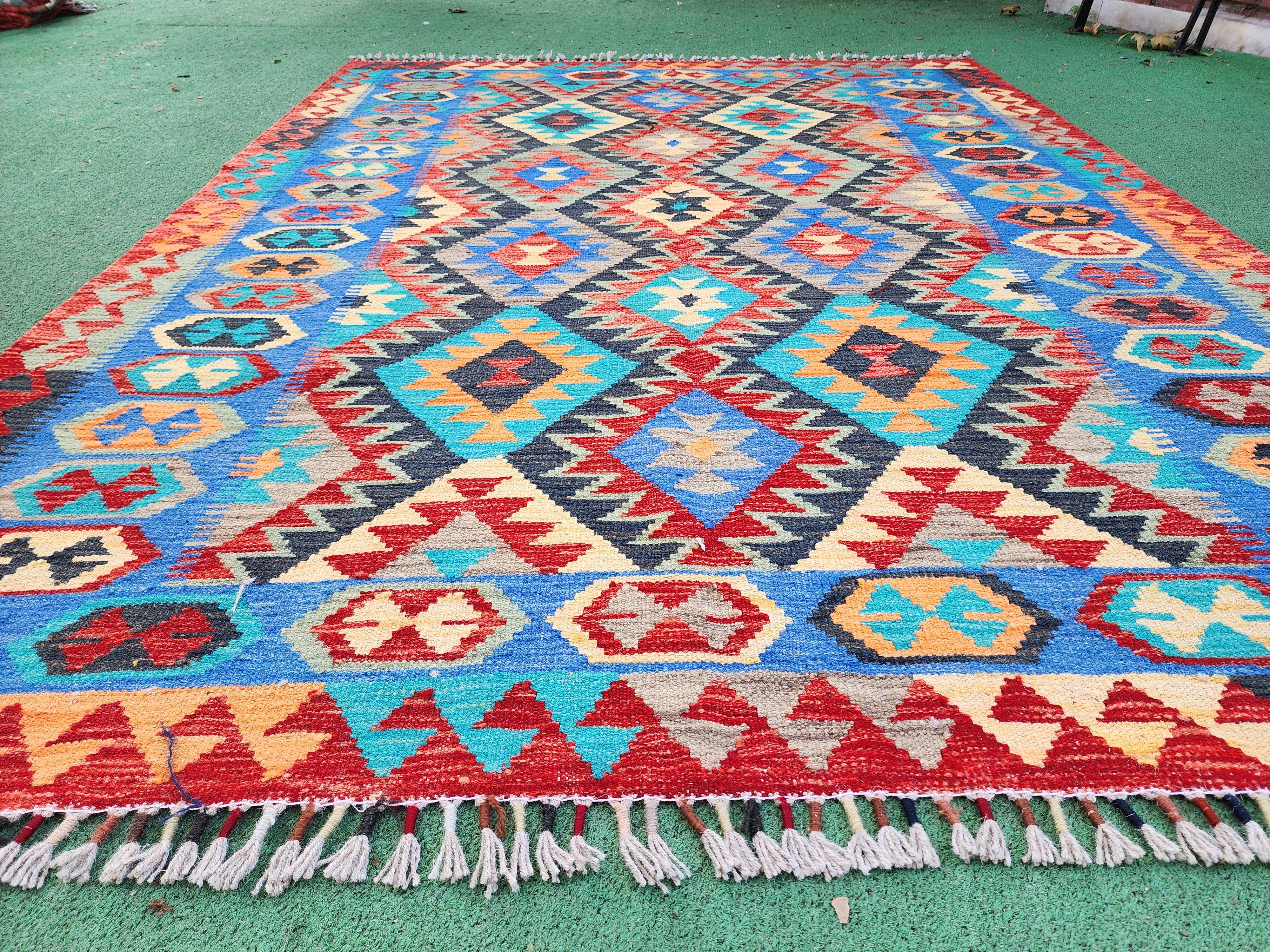 Alfombra Kilim, ''5''x6'8'' ft Azul Rojo, Naranja Alfombra Kilim de área turca