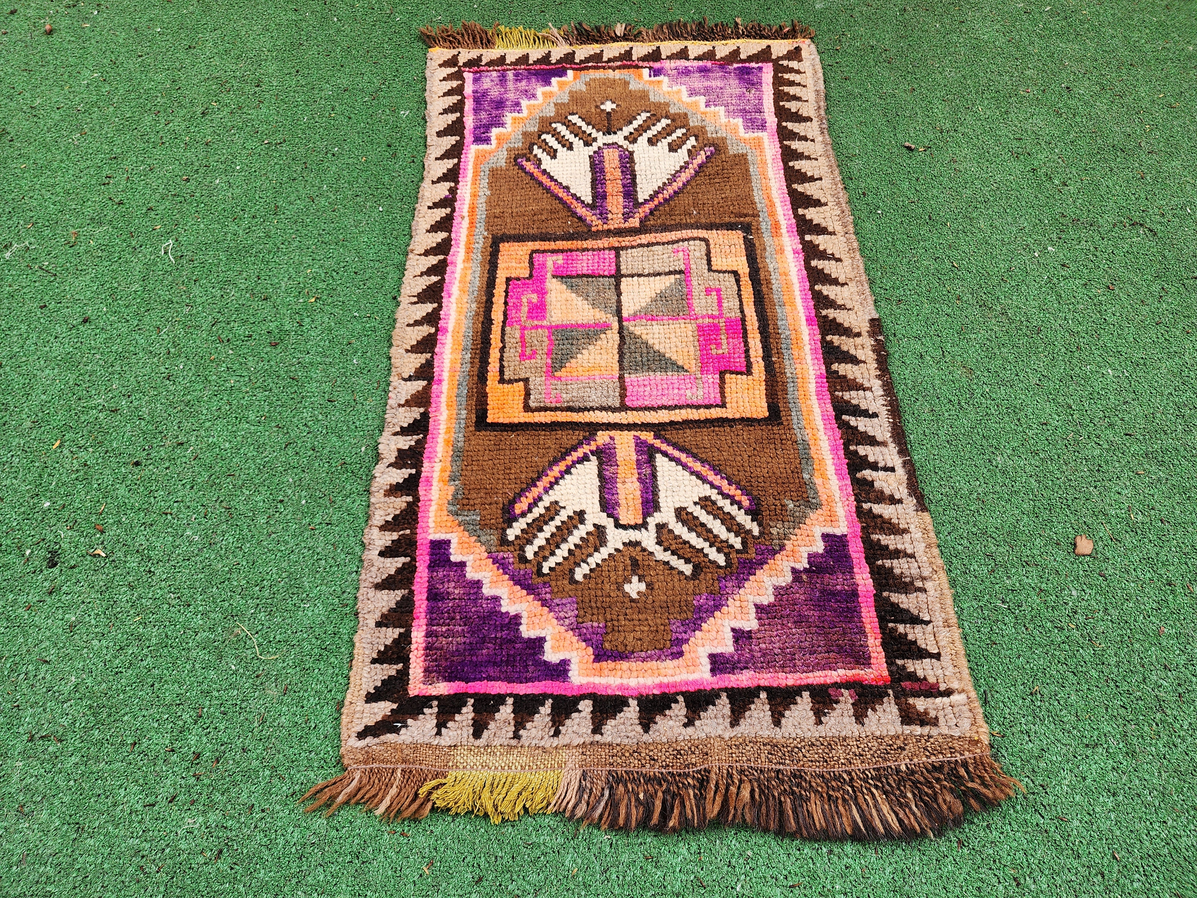 Small Size Brown, Purple and Pink Turkish Rug,  ''3''x1'8''