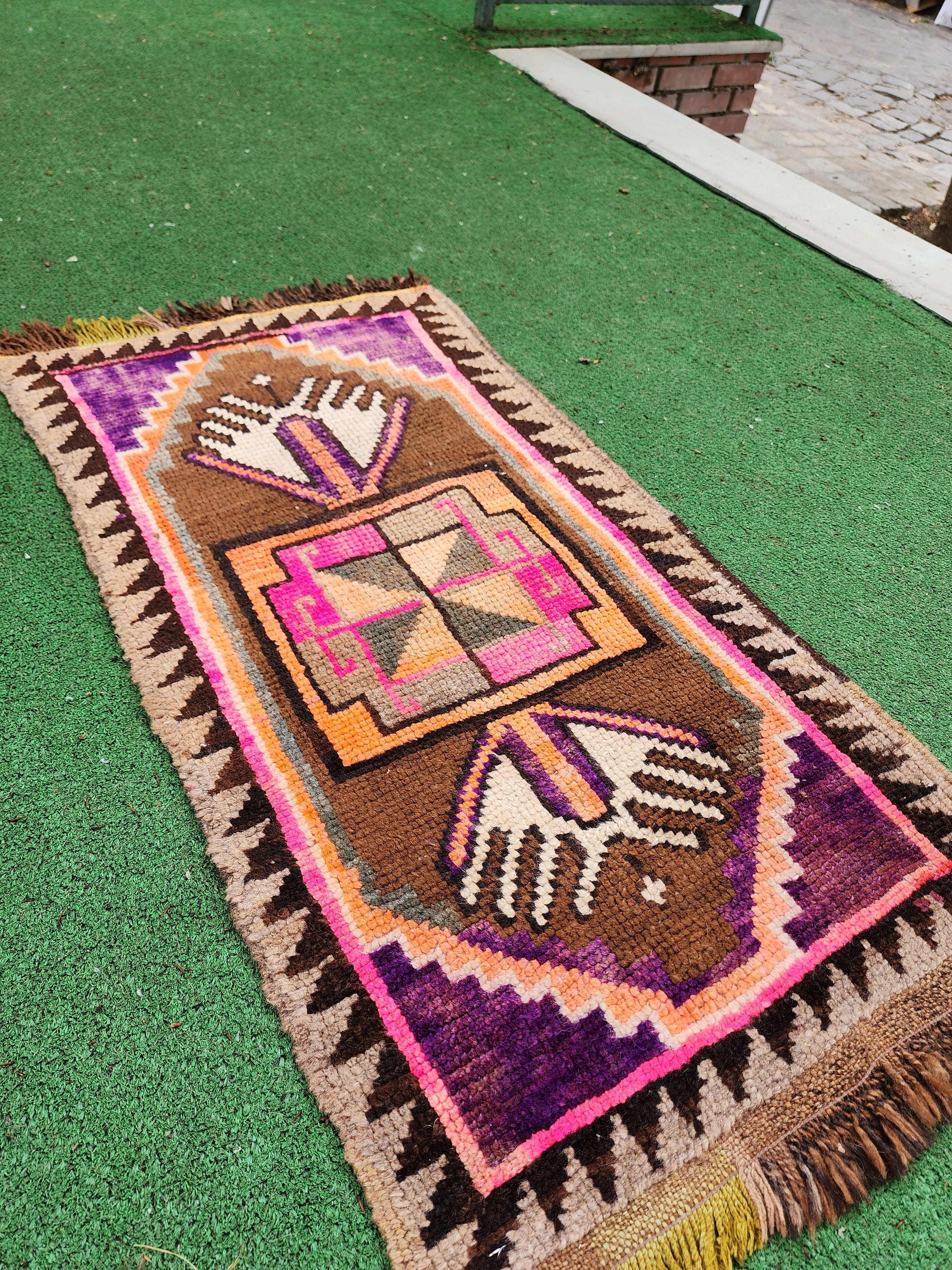 Small Size Brown, Purple and Pink Turkish Rug,  ''3''x1'8''